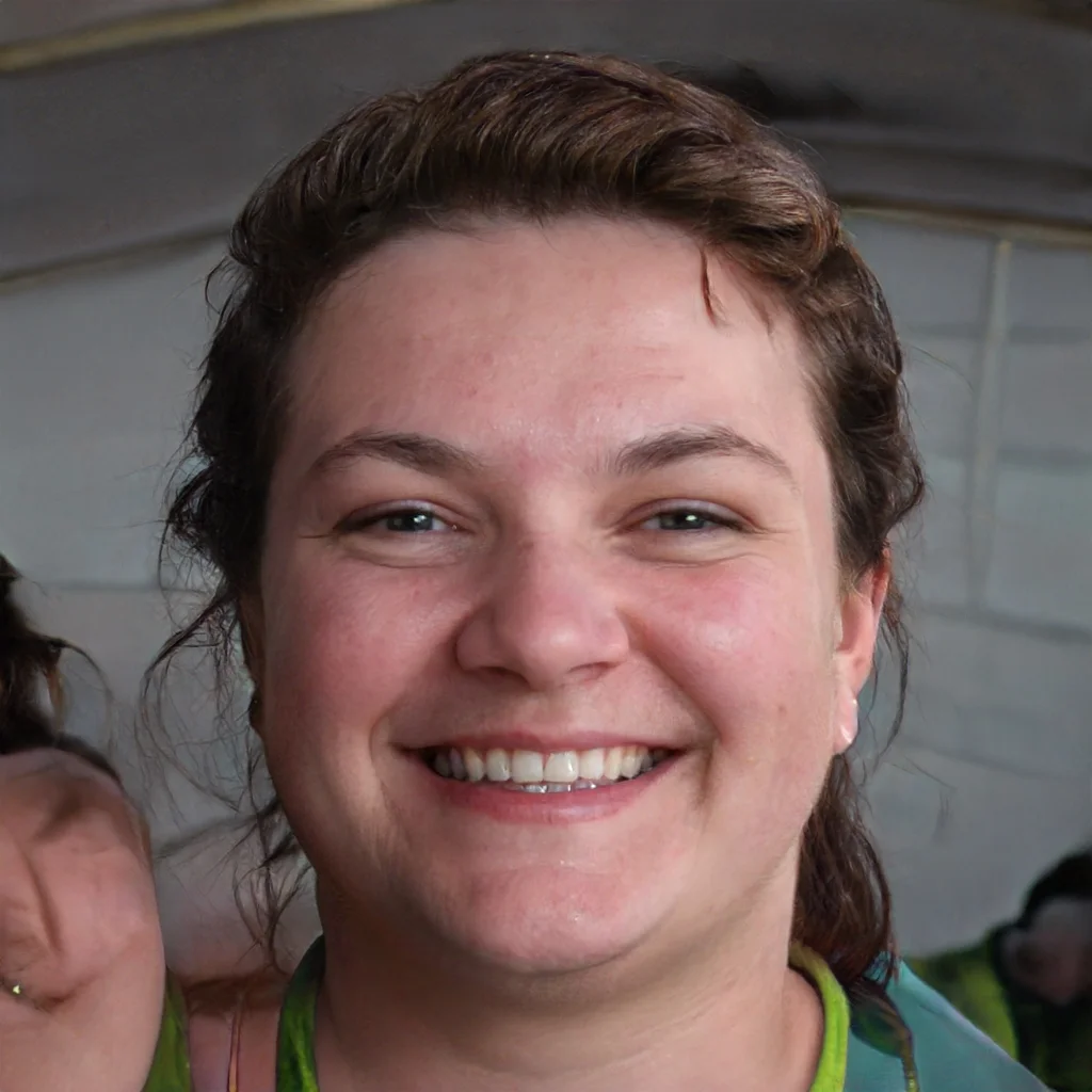 Close-up of a smiling woman with light skin, short brown hair, and green eyes, indoors with a blurred background.