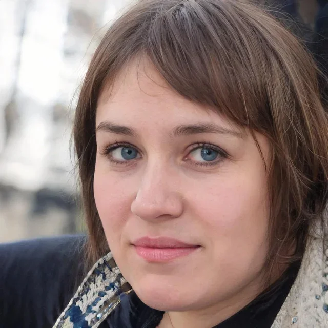 Close-up of a young woman with short brown hair and blue eyes, looking at the camera with a slight smile.