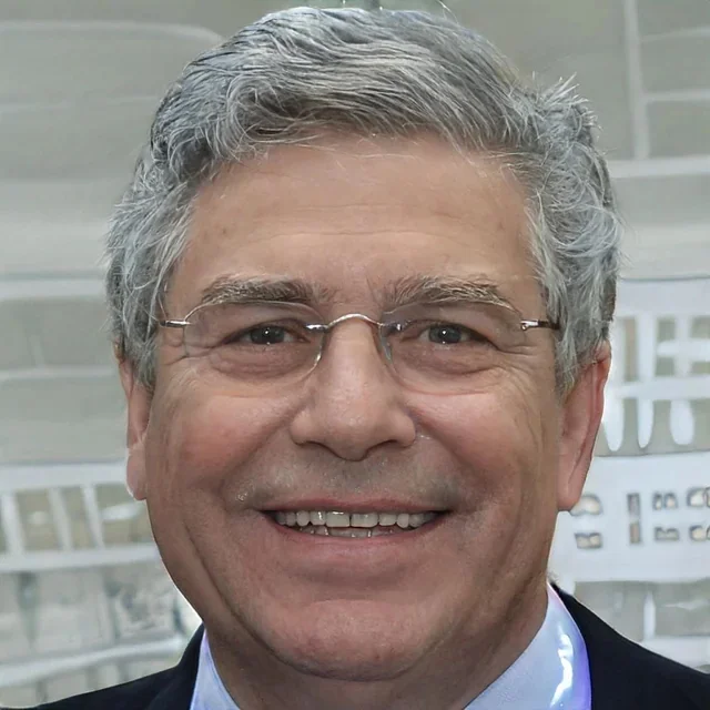 Close-up of a middle-aged man with gray hair, glasses, and a big smile, standing outdoors with a modern building in the background.