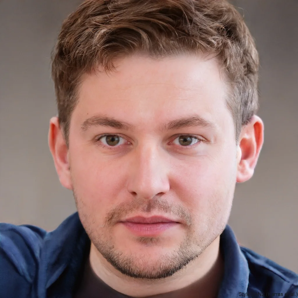 A close-up portrait of a young man with light skin, short brown hair, and green eyes, looking directly at the camera with a neutral expression.