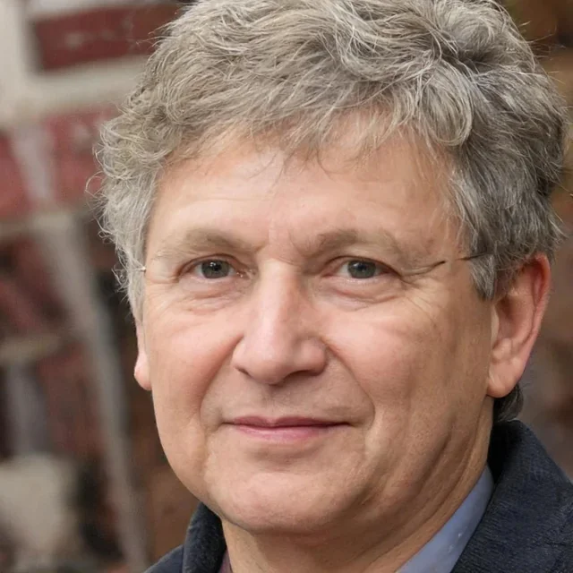 A close-up portrait of a middle-aged man with gray, wavy hair and blue eyes, smiling slightly, with a blurred brick wall in the background.