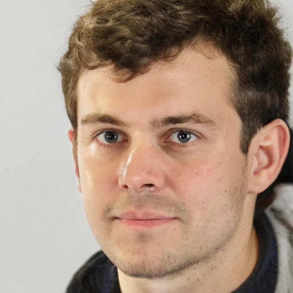 A close-up of a man with short, curly brown hair, light skin, and blue eyes, looking directly at the camera with a neutral expression.
