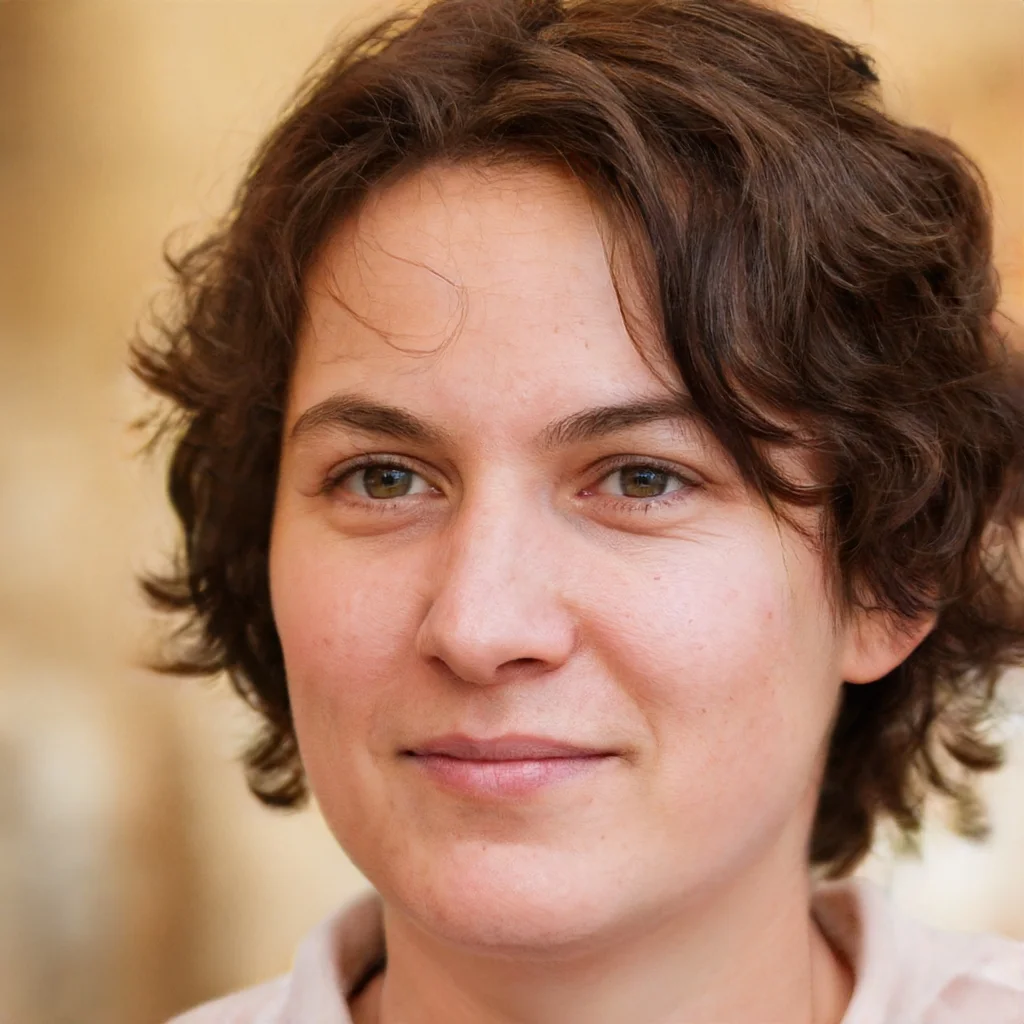 A woman with short, curly brown hair and hazel eyes smiling softly.