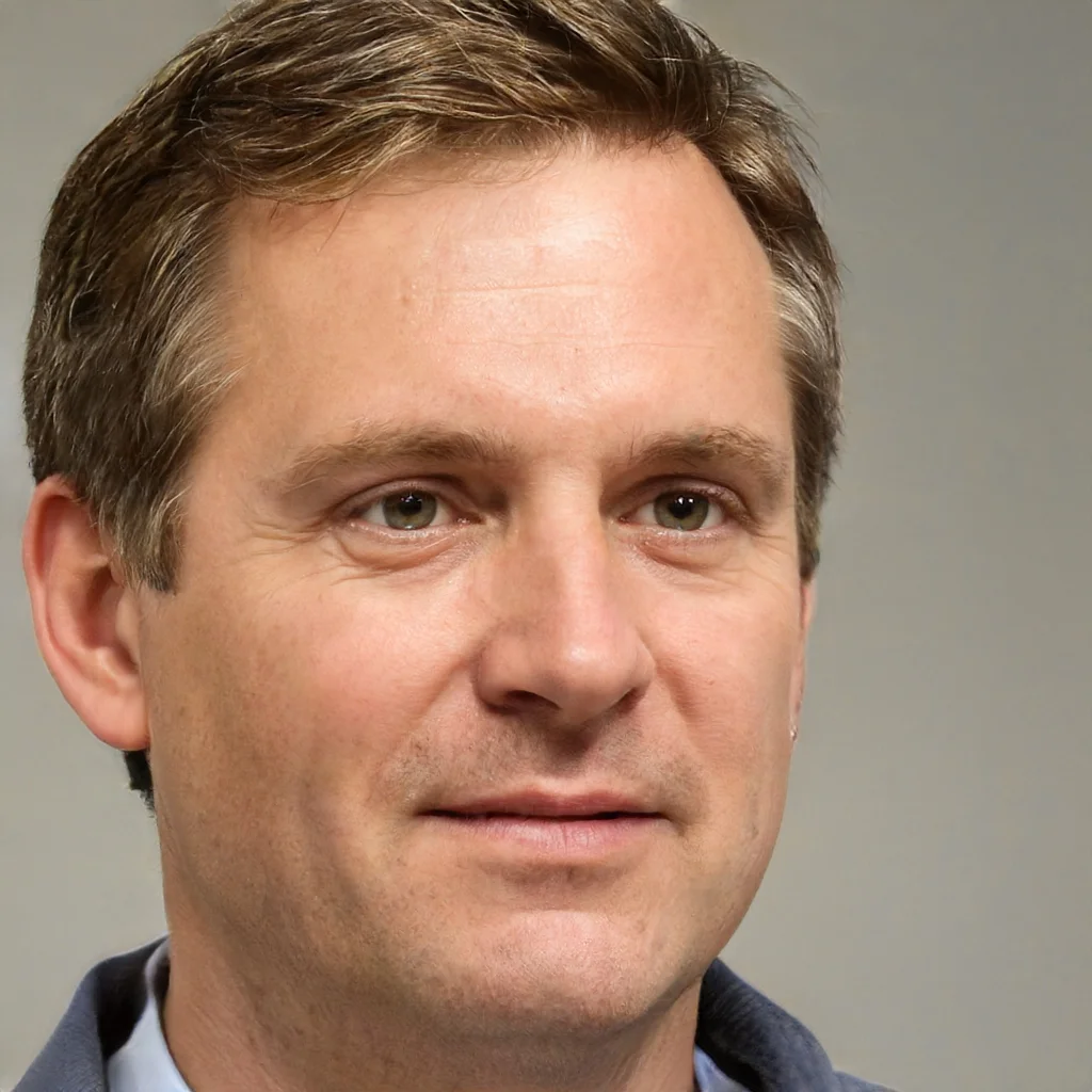 Close-up portrait of a middle-aged man with light skin, short brown hair, and green eyes, wearing a dark blazer with a light-colored shirt.