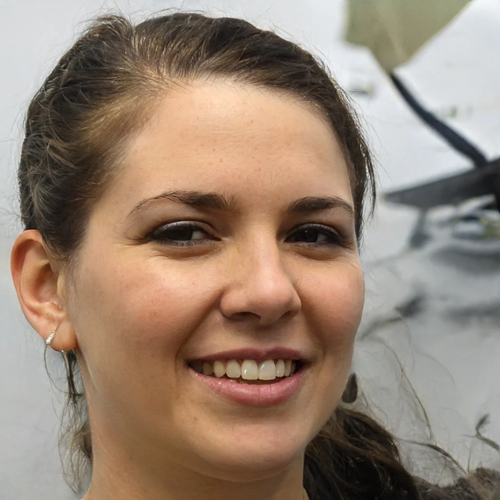 Close-up of a smiling woman with brown hair tied back, wearing a small earring, standing in front of a white wall with a partially visible black and white background.