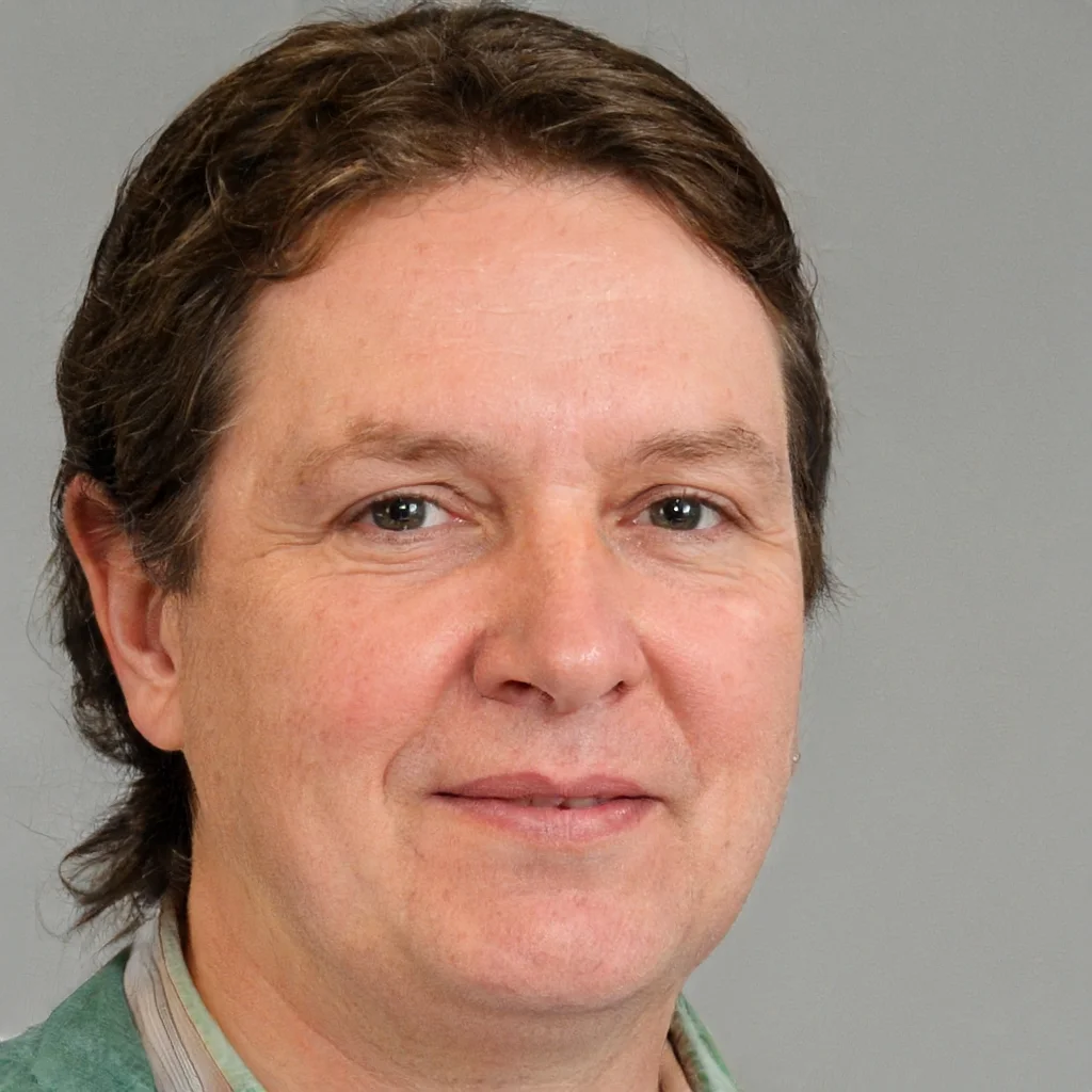 Headshot of a man with brown hair, wearing a green shirt, looking at the camera against a plain background.
