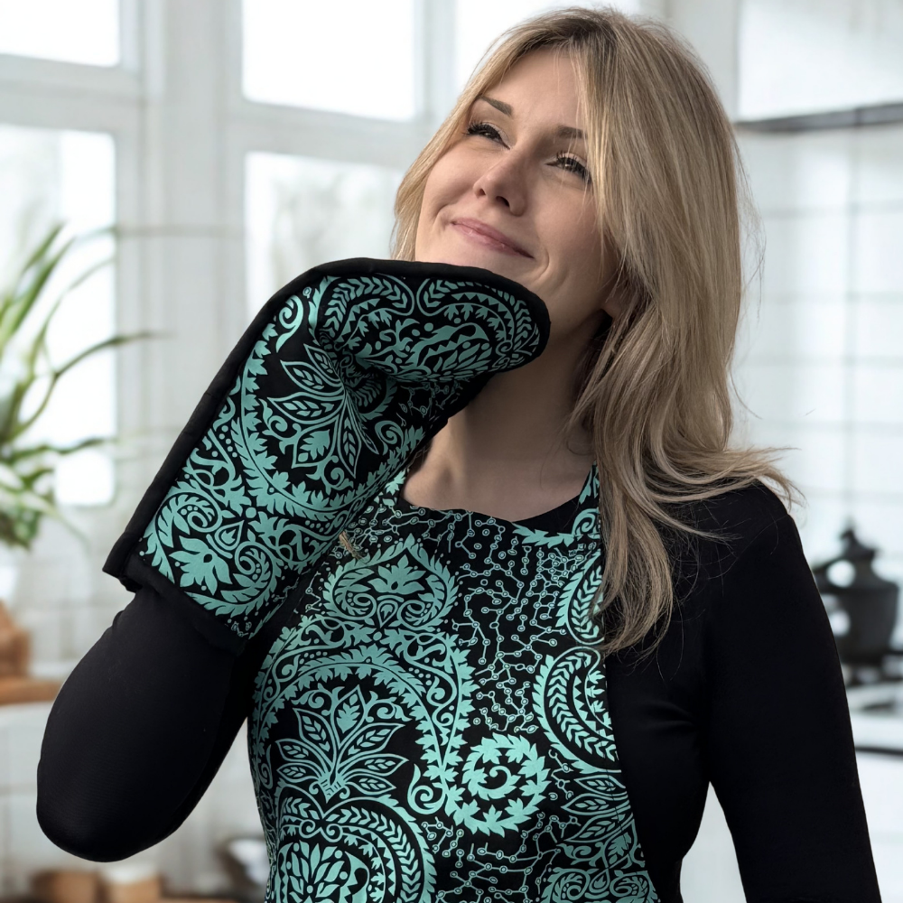 Elegante Schürzen und Ofenhandschuhe