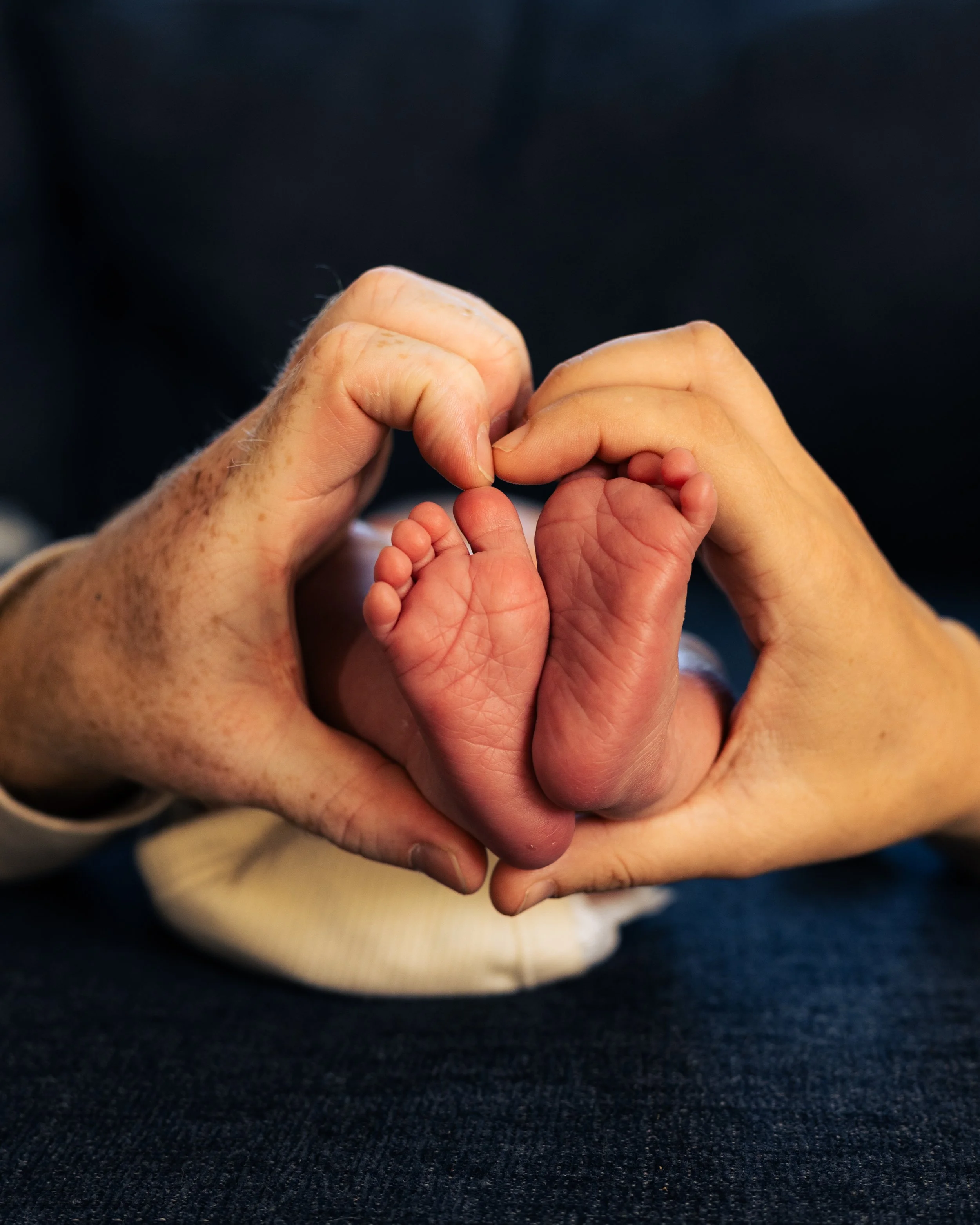 Close-up of a small infant's feet held gently by an adult's hands.