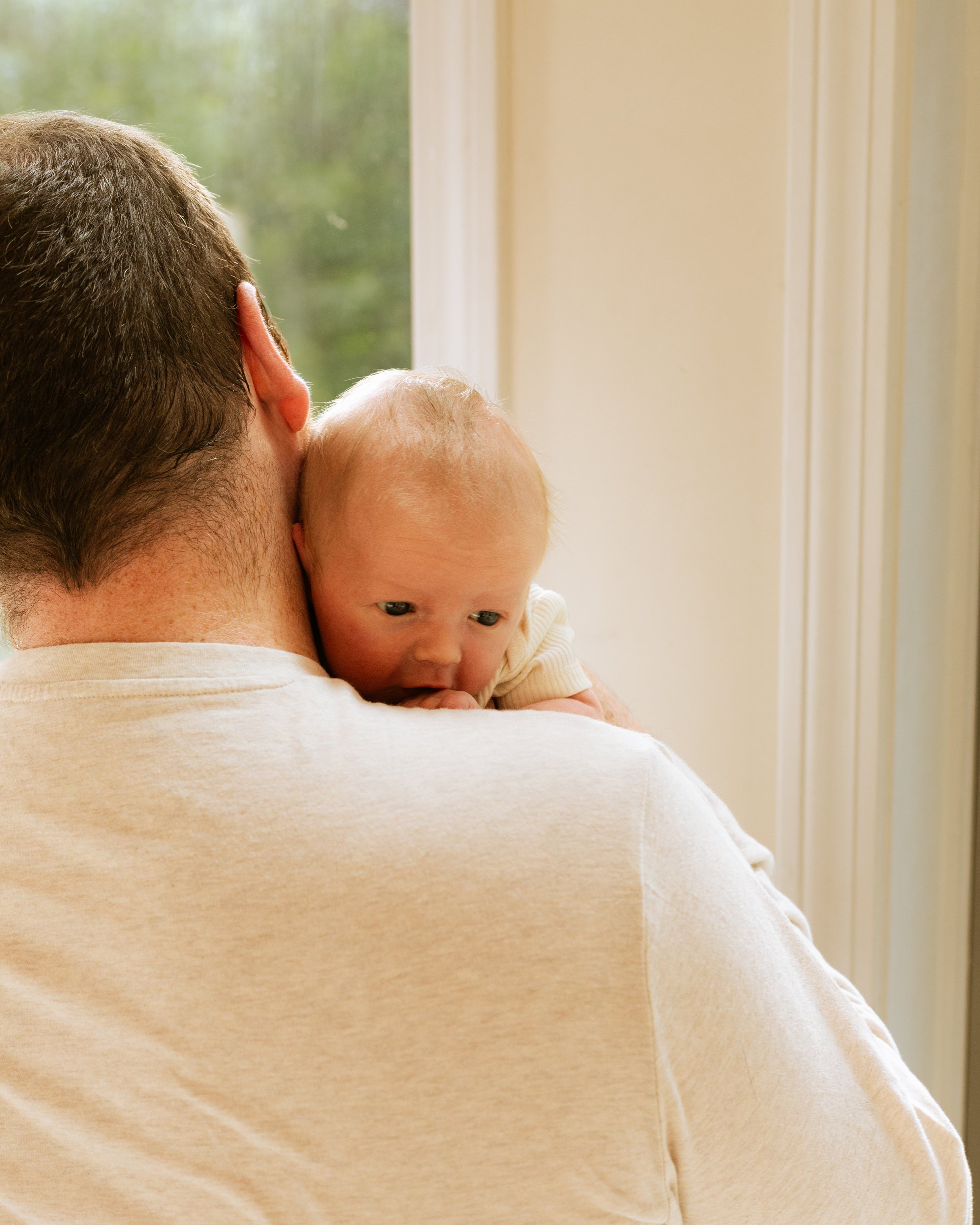 A man with short brown hair and a beard holding a baby close to his shoulder, looking out a window with a blurred green outdoor scene in the background.