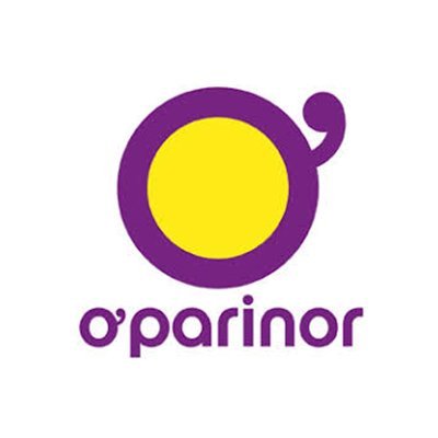 Logo avec un cercle jaune entouré d'un contour violet et une petite boule violette enroulée sur le cercle, avec le texte 'o' parinor' en dessous.