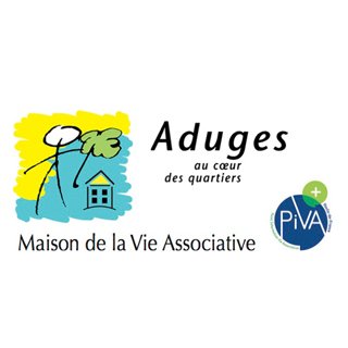 Logo d'une organisation caritative avec une maison, un arrosoir, une fleur, et les textes « Aduges au cœur des quartiers » et « Maison de la Vie Associative »