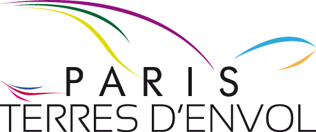 Logo avec les mots 'PARIS TERRES D'ENVOL' et des arcs colorés au-dessus en violet, jaune, vert, orange, violet et bleu.