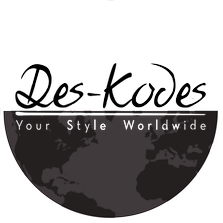 Logo avec le texte 'Des-kodes' et le slogan 'Your Style Worldwide', fond noir avec une carte du monde en silhouette