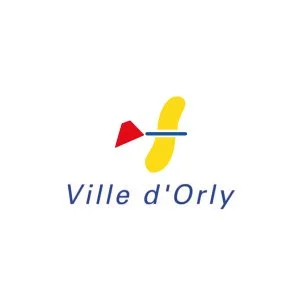 Logo de la ville d'Orly avec une flèche rouge, un élément jaune et bleu, et le texte 'Ville d'Orly'