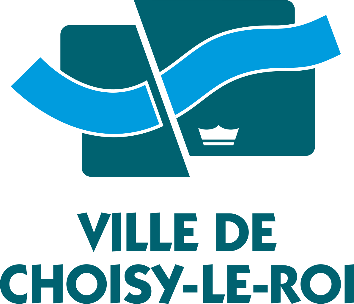 Logo de la ville de Choisy-le-Roi avec une représentation stylisée d'une carte, une vague bleue et une petite reine de la Seine, accompagnée du texte 'VILLE DE CHOISY-LE-ROI'.