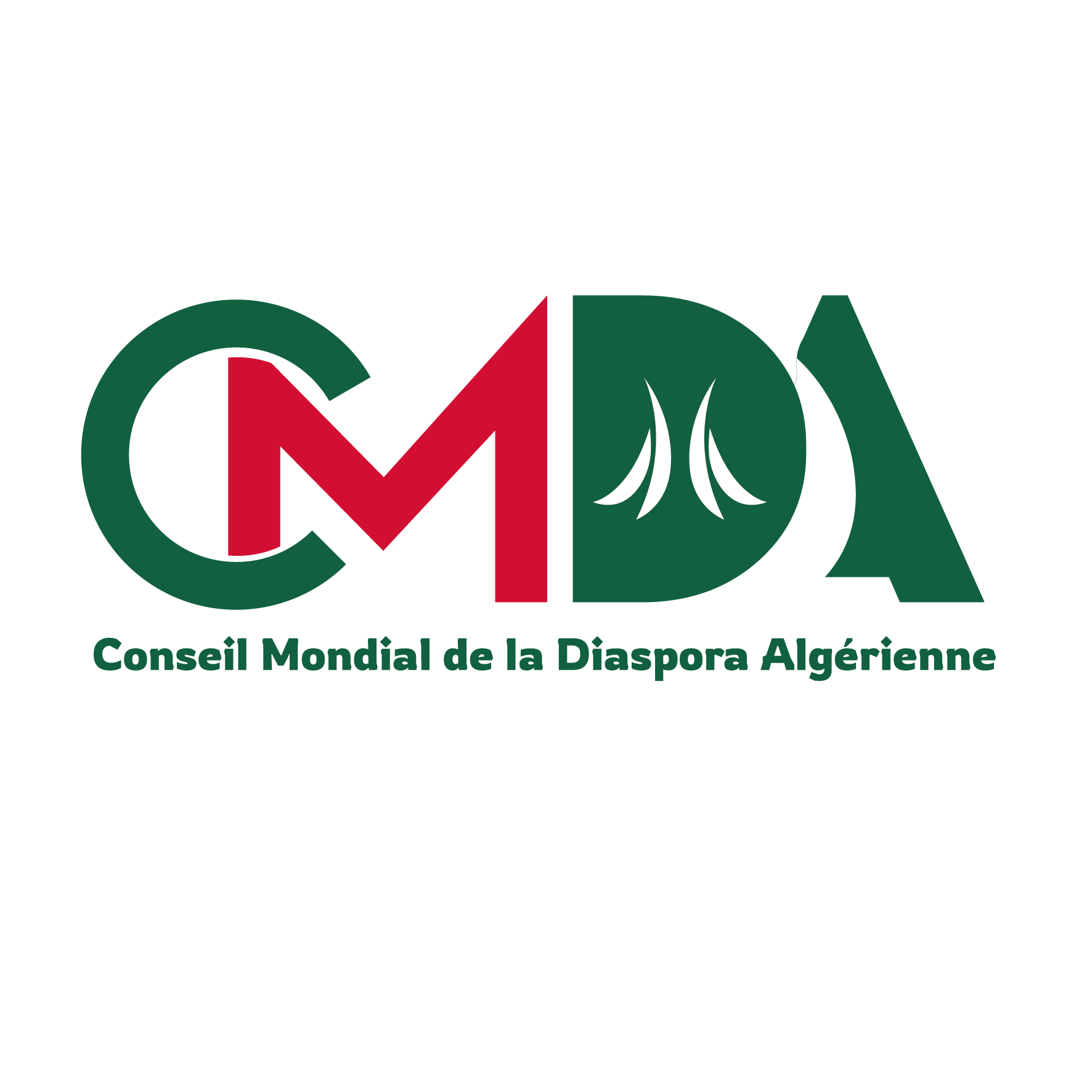 Logo du Conseil Mondial de la Diaspora Algérienne avec les lettres CMA en couleur vert foncé et rouge, et un symbole d'une architecture ou d'une figure stylisée, accompagnée du texte en dessous : "Conseil Mondial de la Diaspora Algérienne".