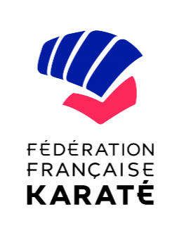 Logo de la Fédération Française de Karaté, avec un symbole stylisé en formes abstraites bleues et roses, et le texte en dessous.