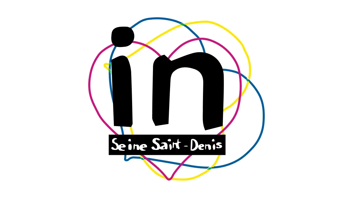 Logo avec le mot 'in' en gros caractères noirs, entouré de cœurs et de lignes colorées, et le nom 'Seine Saint-Denis' en dessous.
