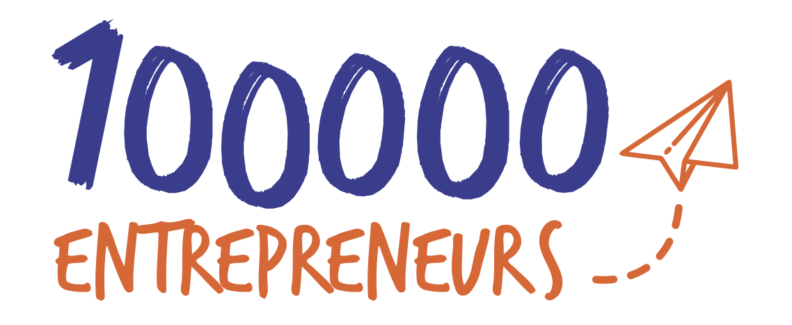 Logo avec le texte "10 000 Entrepreneurs" en grandes lettres bleues et oranges, accompagnée d'une illustration d'un avion en papier orange avec une ligne pointillée représentant un trajet
