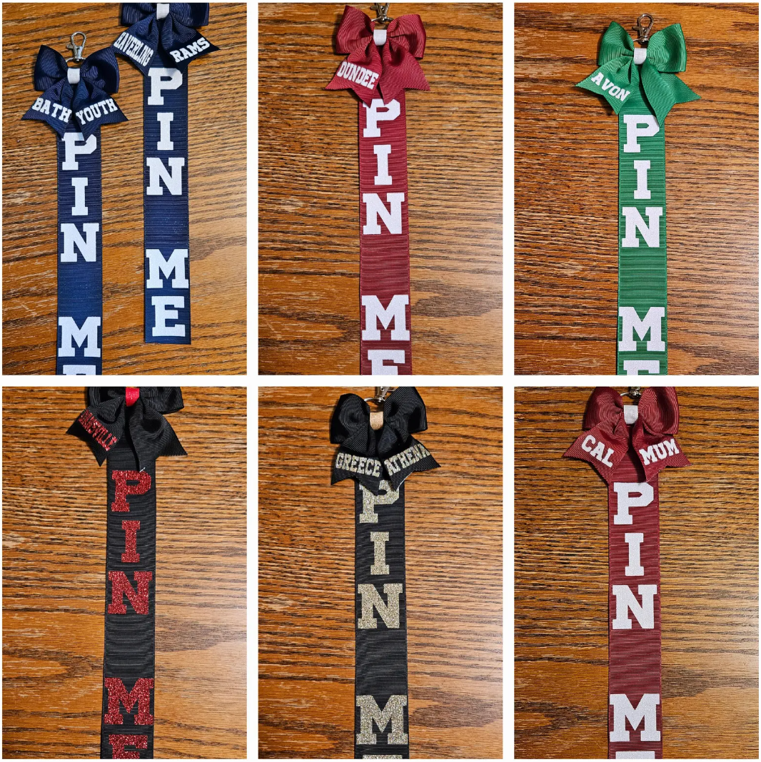 Non GLITTER Ribbon No Personalization - Pin Me Cheerleading Ribbon, Cheerleader Gift, Team Gifts, Clothespin Ribbon Cheer, PIN ME backpack keychain bag tag, fun activity (Copy)