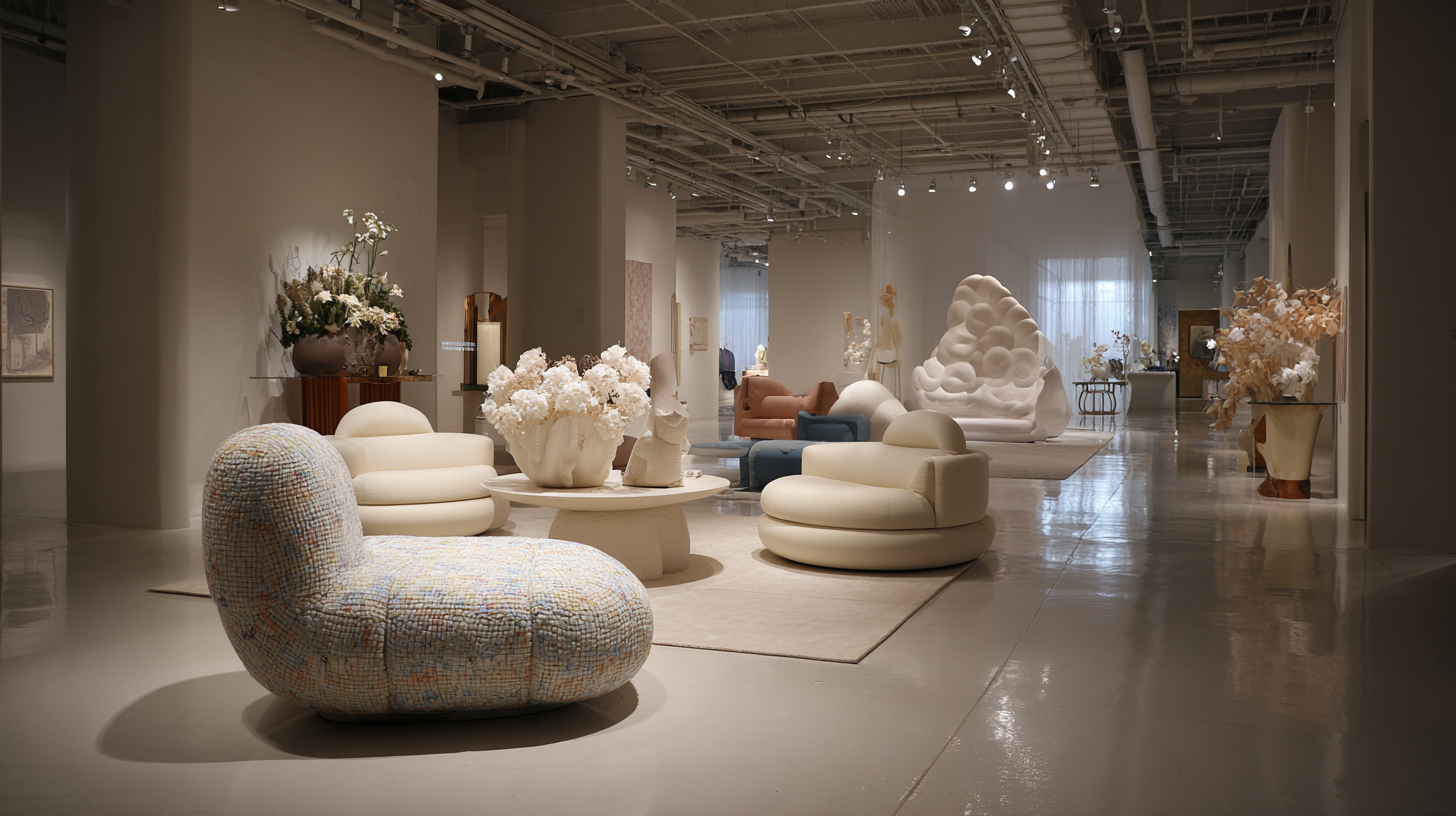 Interior of an art gallery with modern and sculptural furniture, vases with dried and fresh flowers, and artworks displayed on the walls, featuring neutral tones and a minimalist aesthetic.