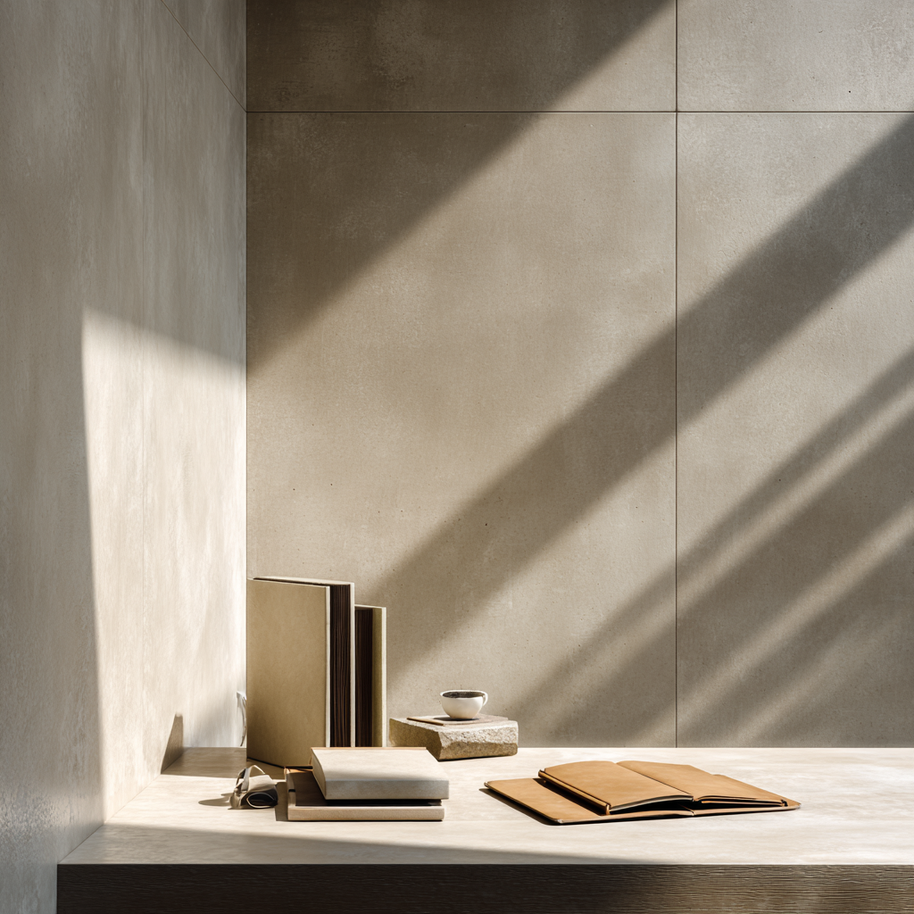 Minimalist desk with books, a notebook, and a small cup, illuminated by sunlight with shadows on a plain wall.