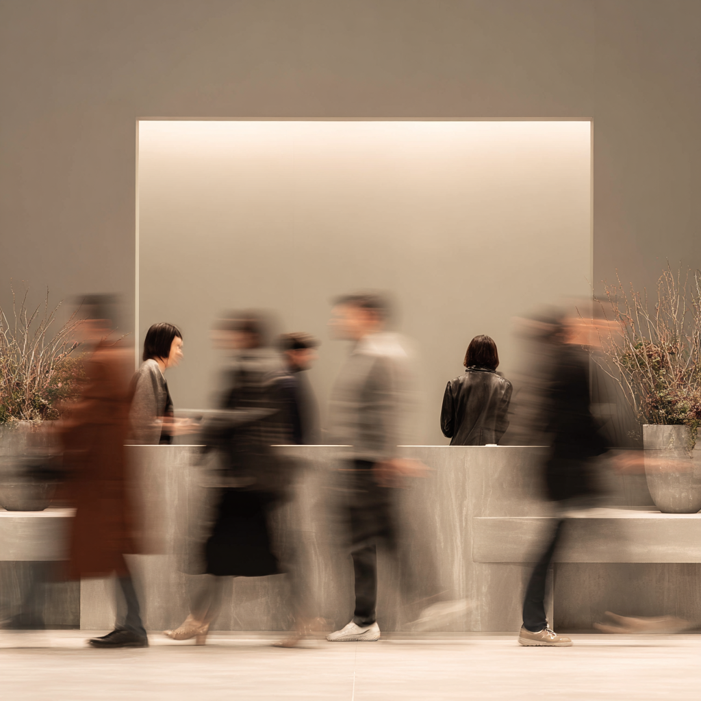 People walking past a reception desk in an indoor setting with blurred motion, two individuals standing behind the desk, and potted plants on either side on a minimalist wall.