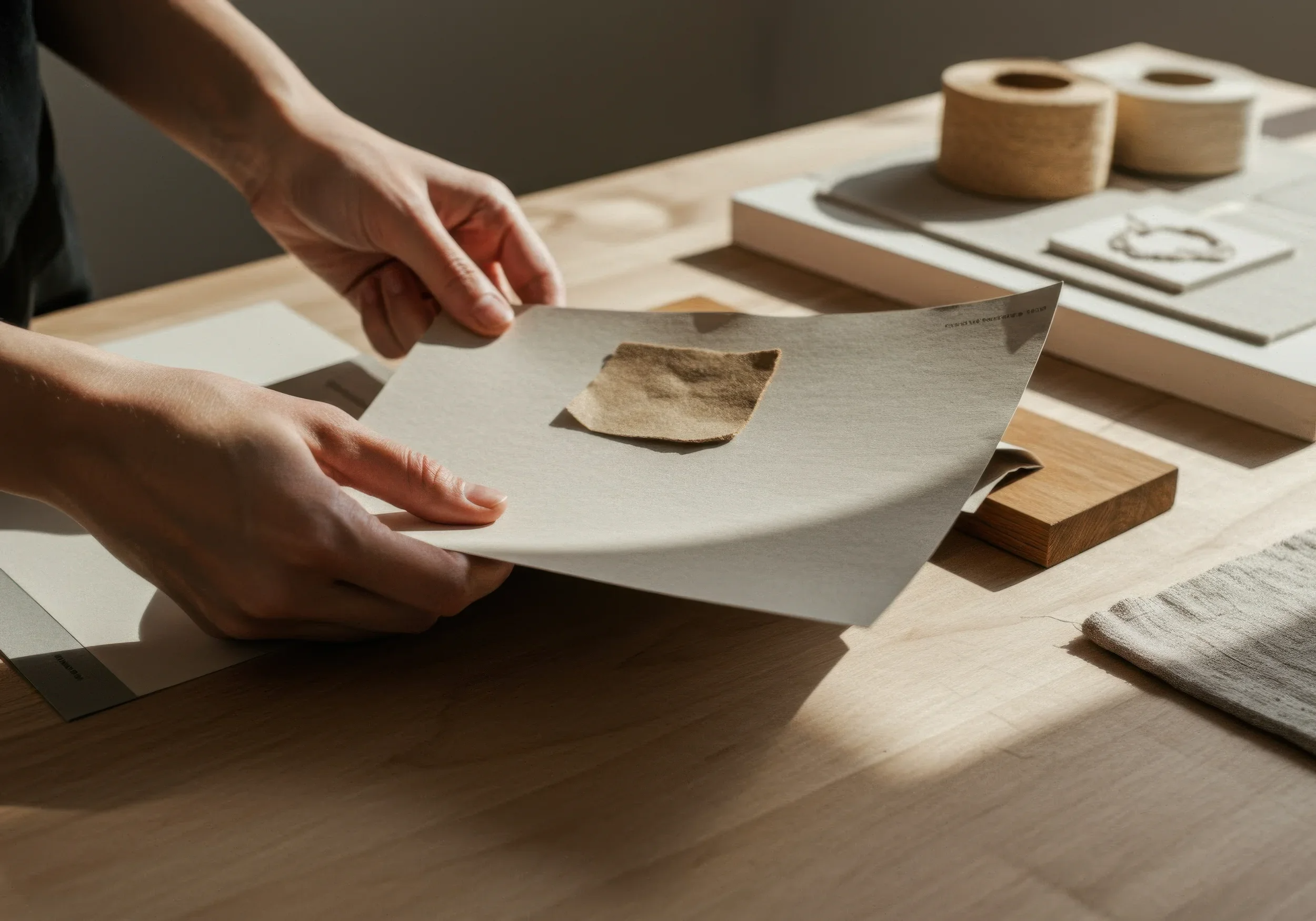 Person holding a piece of fabric or paper sample over a white textured surface, with various design and material samples on a wooden table in the background.