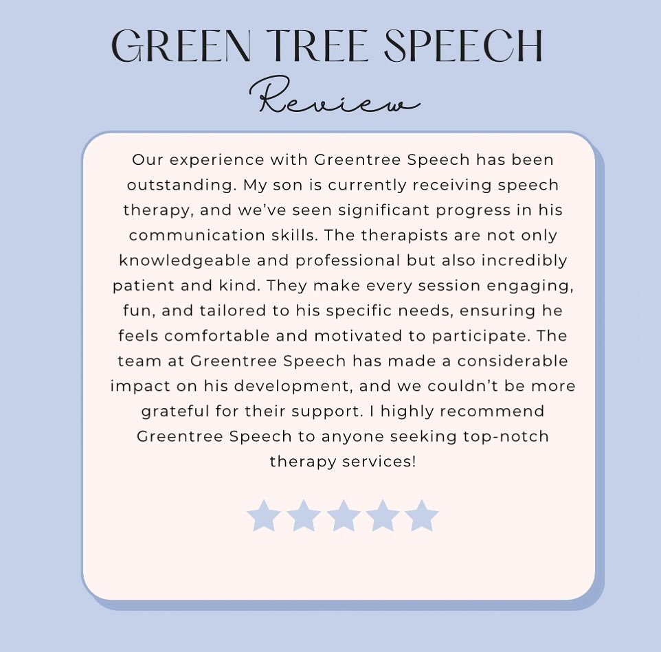 Another ⭐️⭐️⭐️⭐️⭐️ review from a Green Tree Speech client. We feel so lucky to work with such amazing families who are so invested in their child&rsquo;s progress. We still are accepting a few clients for the fall!🤩