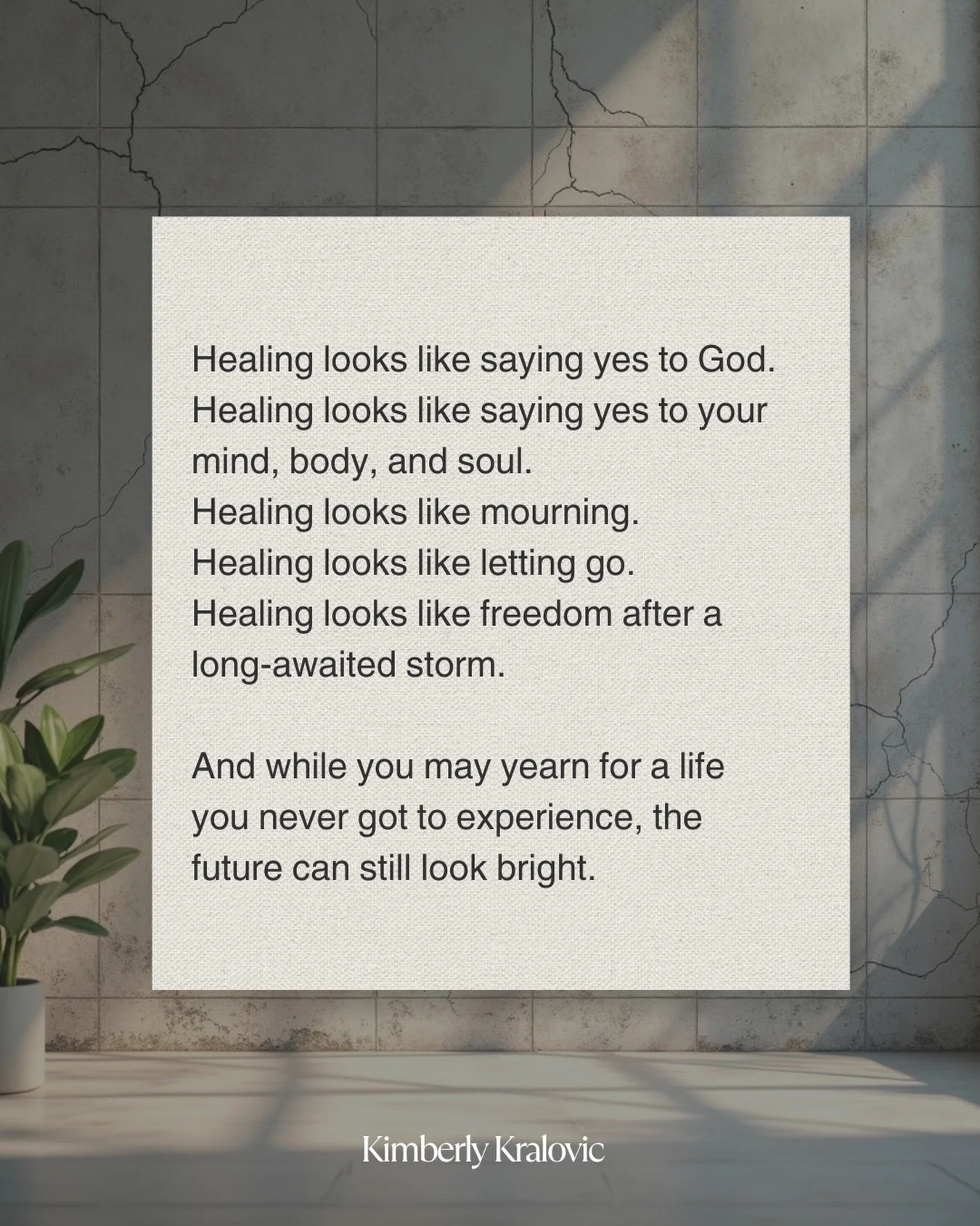 Healing looks like&hellip;✨

Healing looks like saying yes to God.
Healing looks like saying yes to yourself.
Healing looks like mourning.
Healing looks like letting go.

And while you may yearn for a life you never got to experience, the future can 