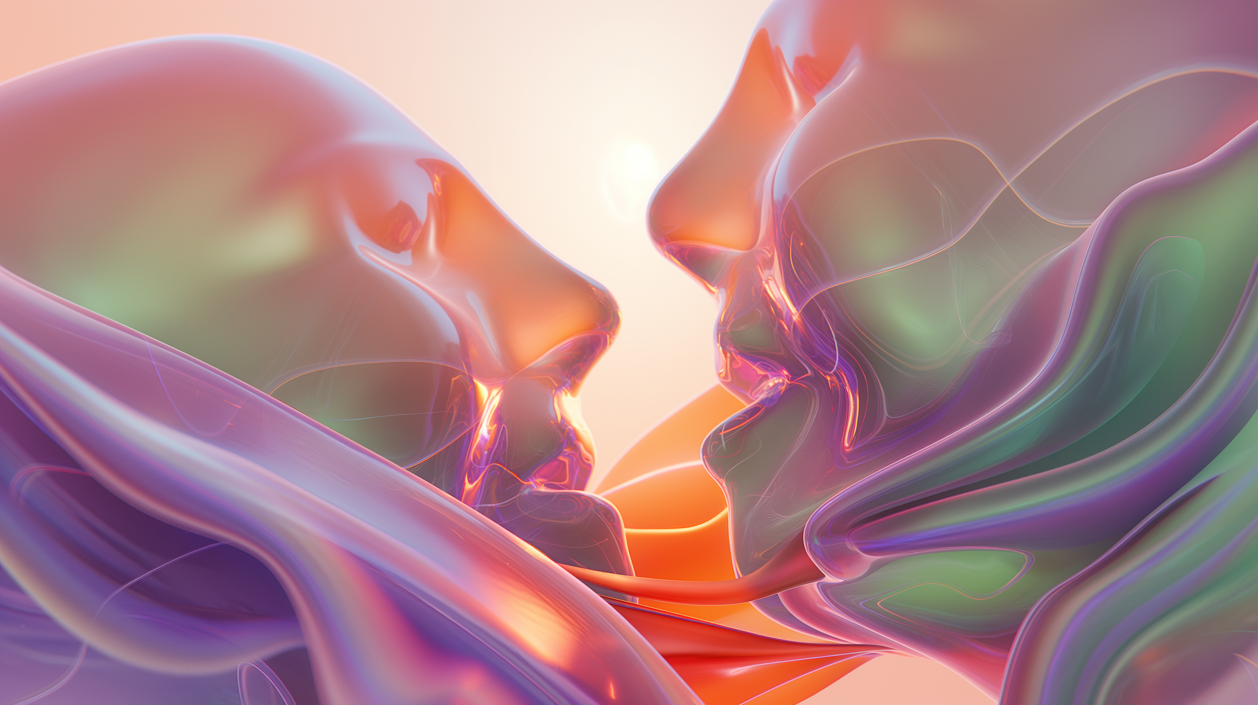 Artwork Name: Cosmic Intimacy
Description: In Cosmic Intimacy, two figures appear to be locked in a moment of shared understanding, their forms bathed in a soft, ethereal glow. The abstract, flowing shapes surrounding them suggest a cosmic dance, whe