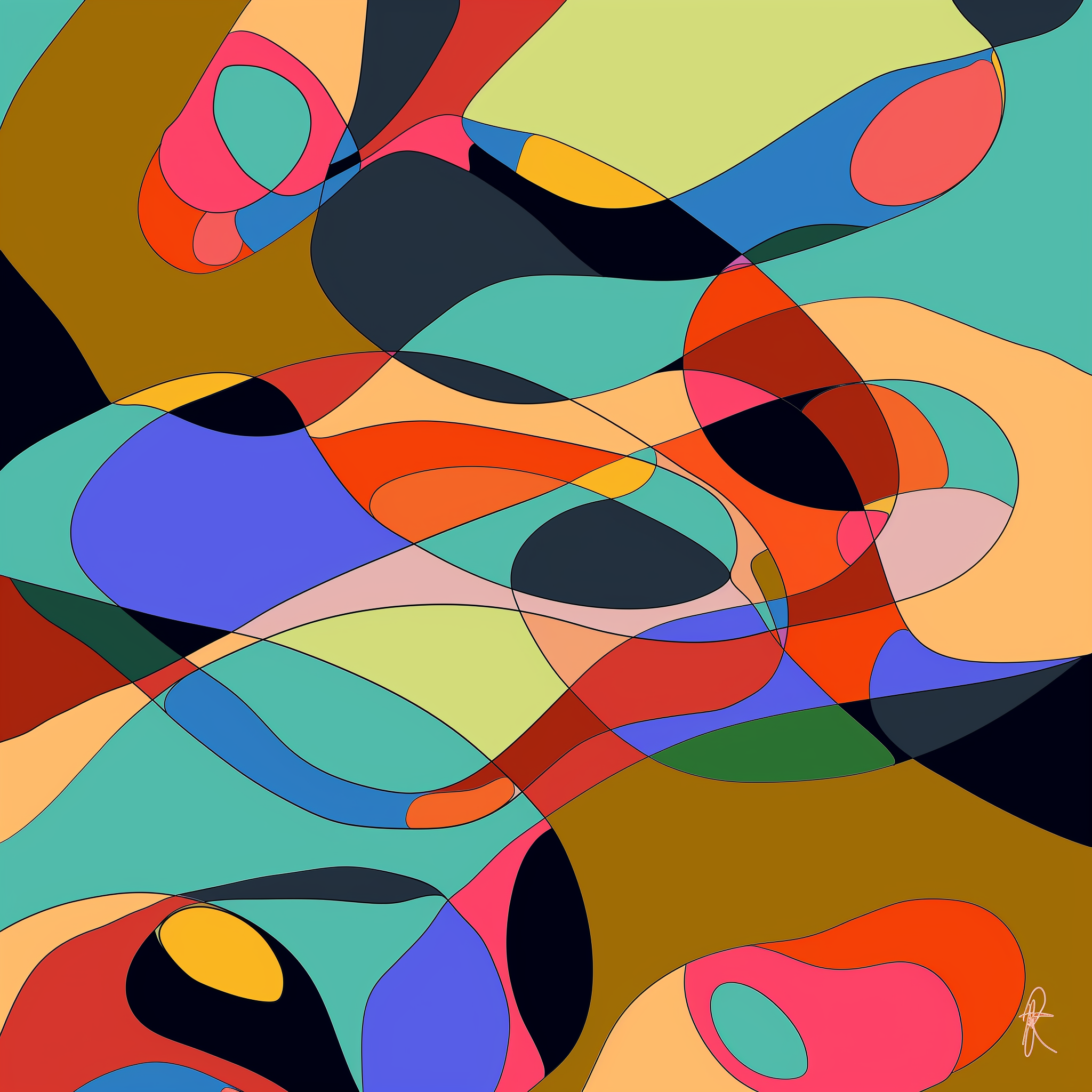 Rhythms of Flow: Curved shapes blend seamlessly into one another, creating an illusion of continuous motion. The playful juxtaposition of bold colors gives off an energy that feels both structured and spontaneous, resembling the fluidity of thoughts