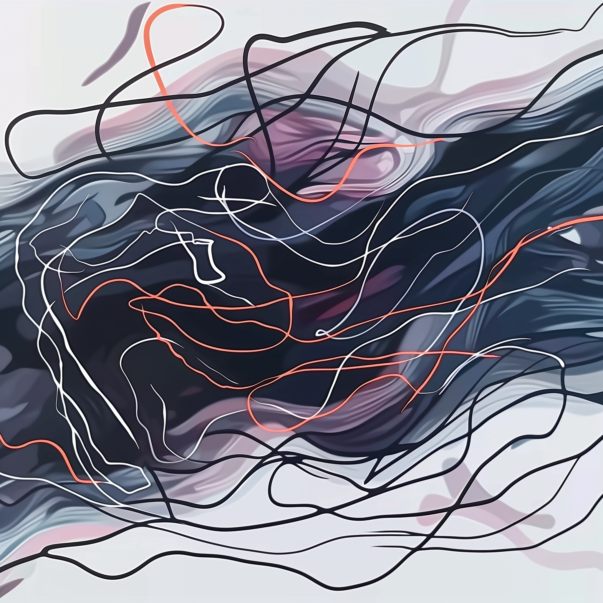 Harmonic Flow: A swirling network of lines simulates the energy of sound waves, visualized through a fragmented, ever-shifting rhythm. The contrasting colors in the background emphasize the movement of the lines, suggesting the flow of energy through