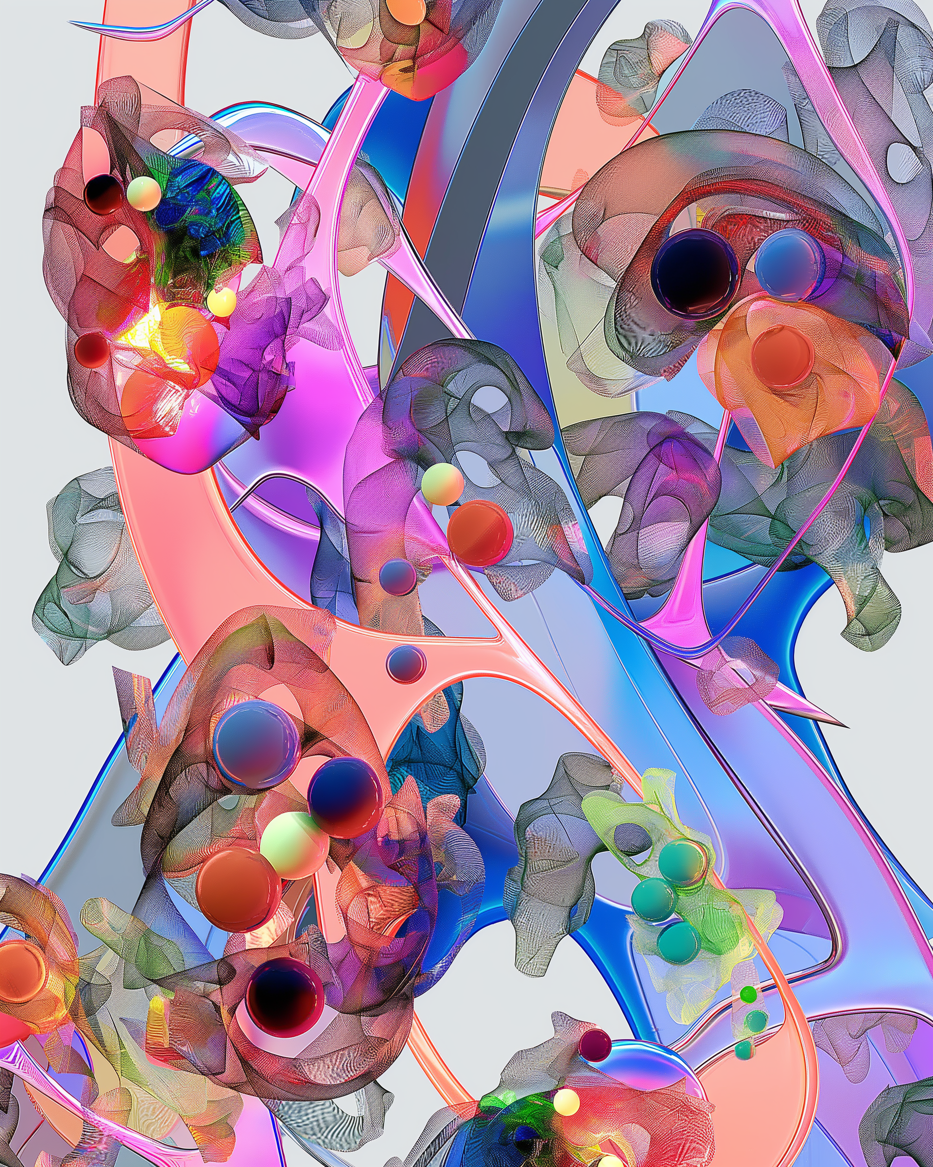 This piece depicts a swirling mix of organic shapes, reminiscent of blooming flowers and botanical clusters. The soft translucent textures and fluid lines merge with vibrant orbs, symbolizing the interconnectedness and vitality of plant life as it co