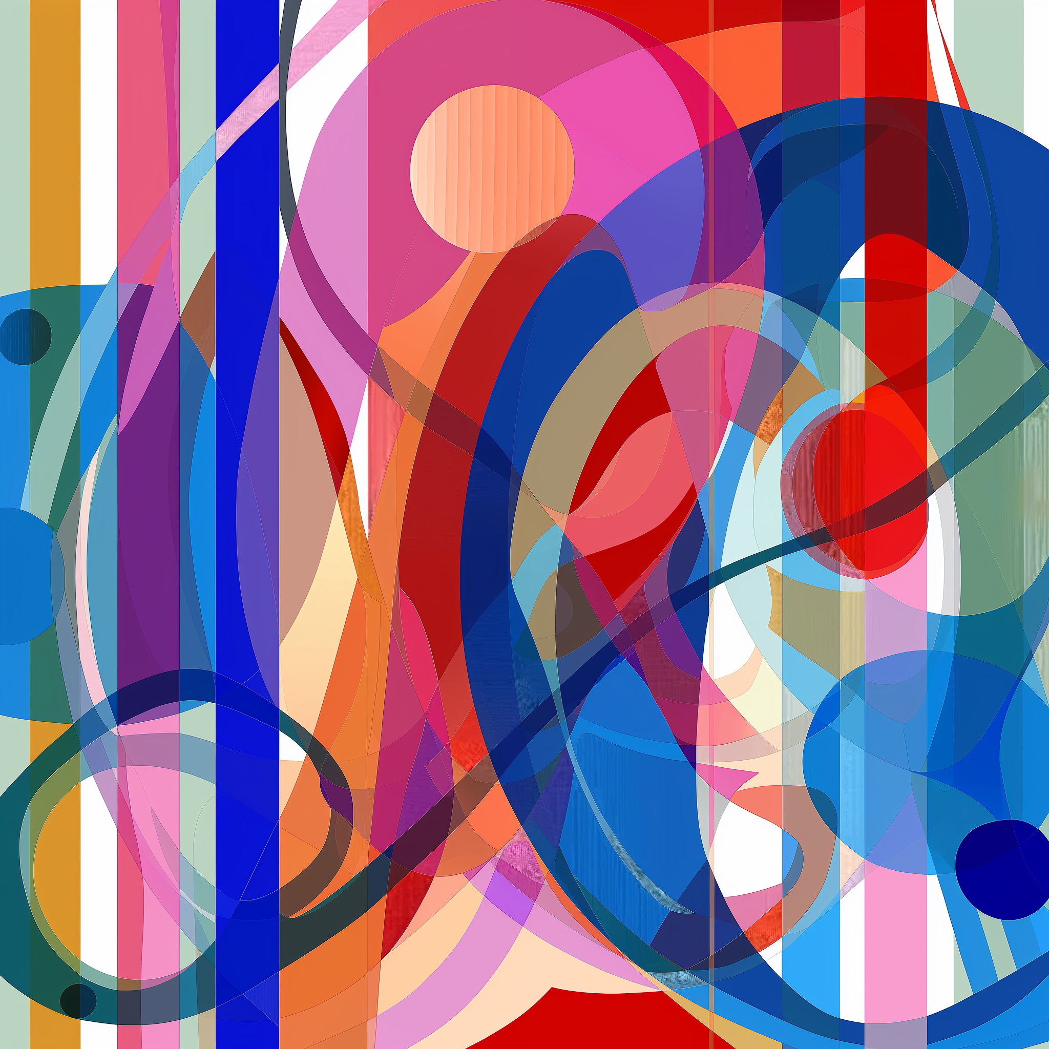 Pulse of the Wave:
Stripes of red, blue, and pink run vertically through this abstract composition, intersected by sinuous waves of colour. The piece reflects the pulse of a sound wave travelling through space, its rhythm echoed in the curves and sha