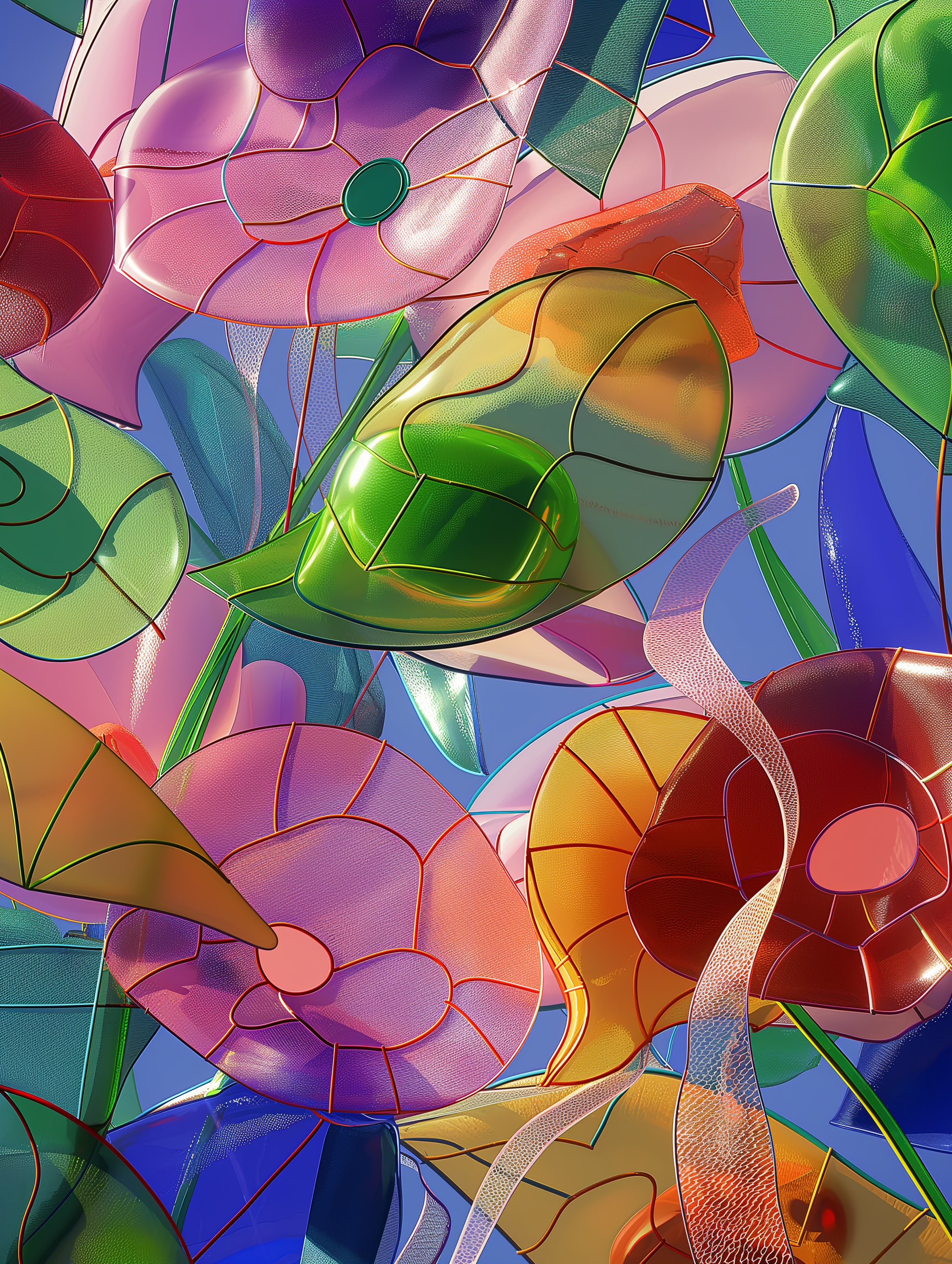 Colorful botanical forms dance together, encapsulating the natural vibrancy of flowers in full bloom. The organic shapes and bold colors are captured in a swirl of motion, giving the impression of a garden caught in a moment of breeze, alive with nat