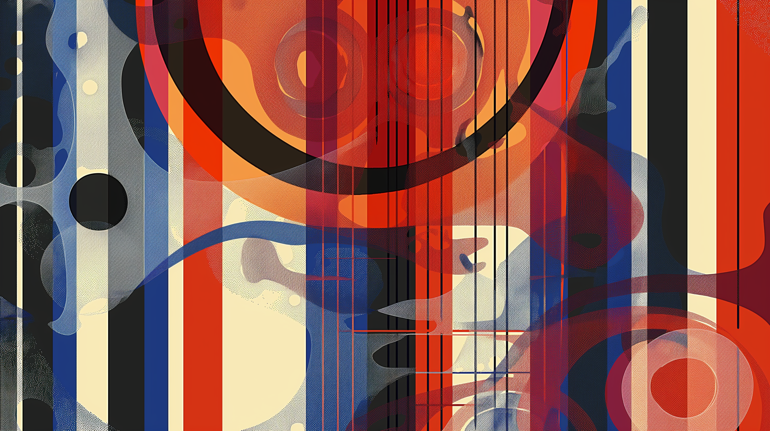 Radiant Resonance:
This artwork is a bold composition of warm reds, deep blacks, and vibrant oranges intersected by rhythmic lines. The circular shapes at the centre exude energy, symbolizing the convergence of various frequencies that vibrate togeth