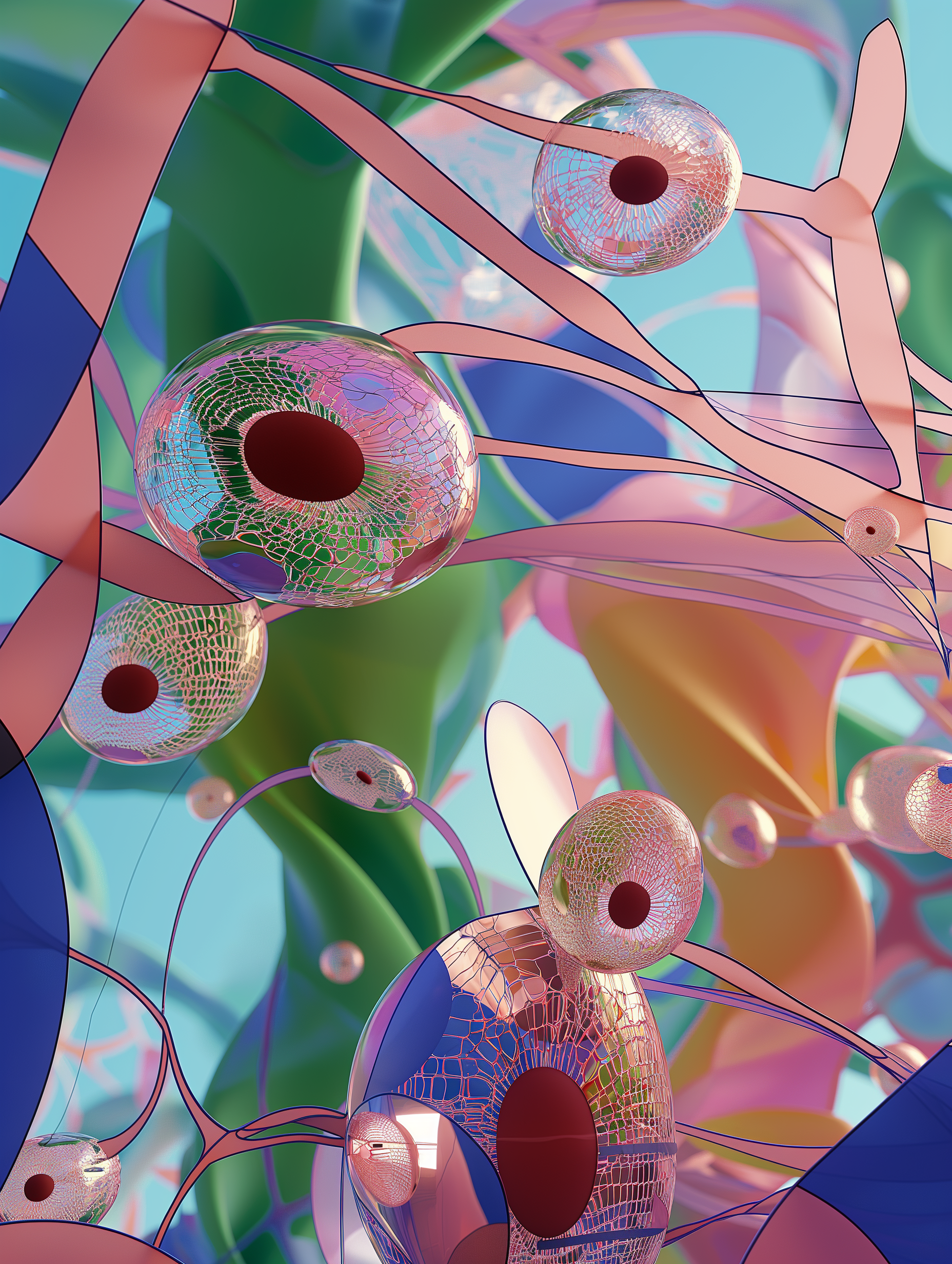 Spherical, glass-like structures float amidst twisting organic tendrils, representing seeds of life within an abstract botanical universe. The mesh-like textures and reflective surfaces enhance the sense of fluidity, symbolizing nature’s capacity to