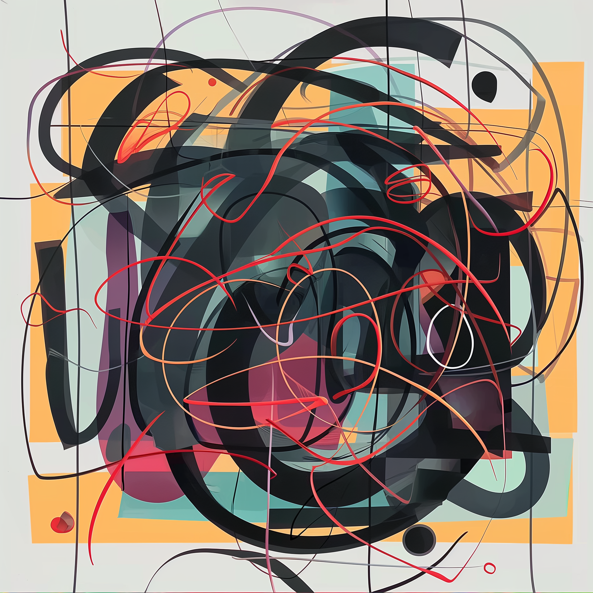 Fractured Beats: In Fractured Beats, layers of curved and angular forms overlap, creating a fragmented dance of lines that move in syncopation. The dark lines burst across a light backdrop, pulling the viewer's eye in different directions while maint