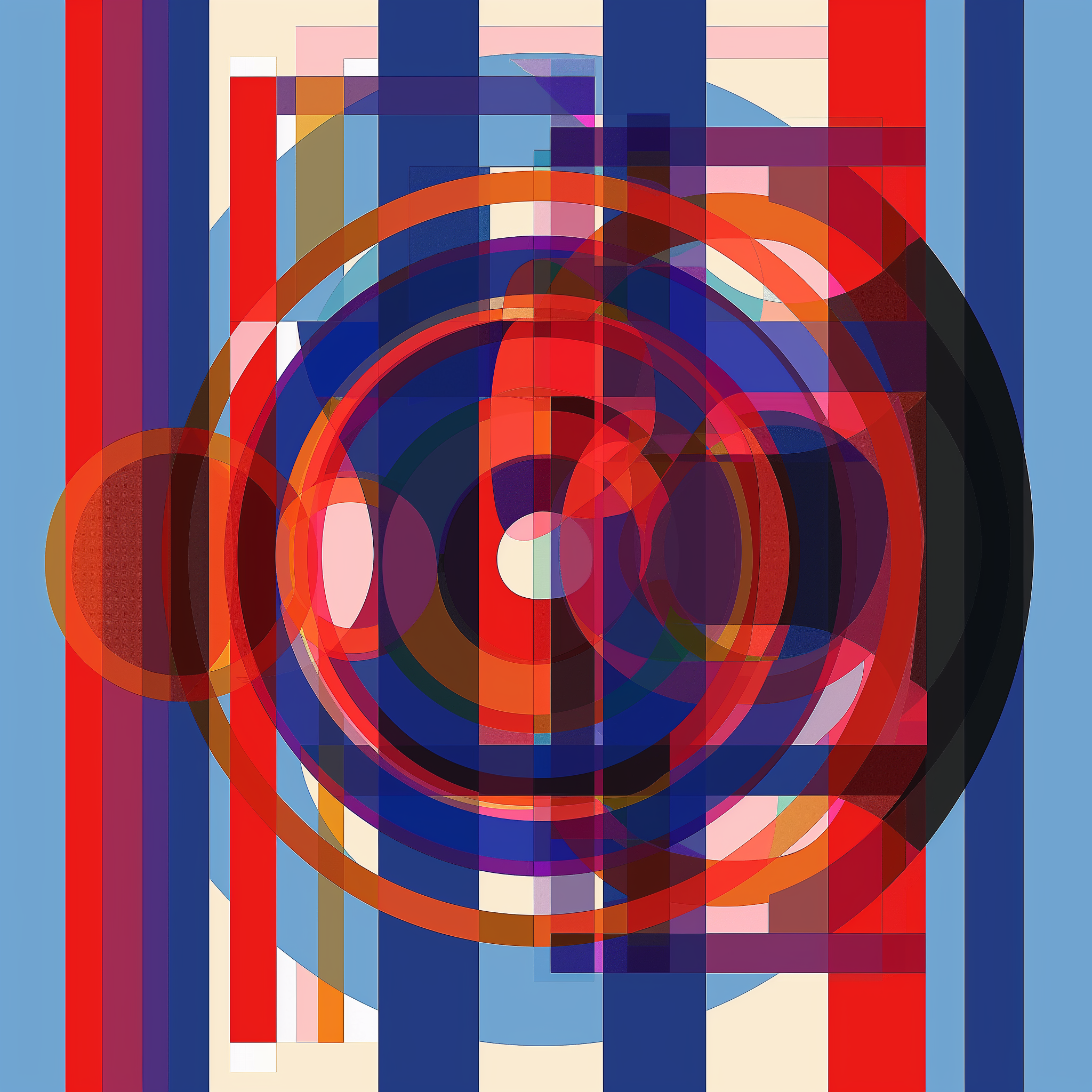 Circular Symphony:
The centrepiece of the collection, this work is a vibrant composition of circles and rings layered with red, blue, and black stripes. The balance of circular forms and linear elements symbolizes the harmony between the structured a