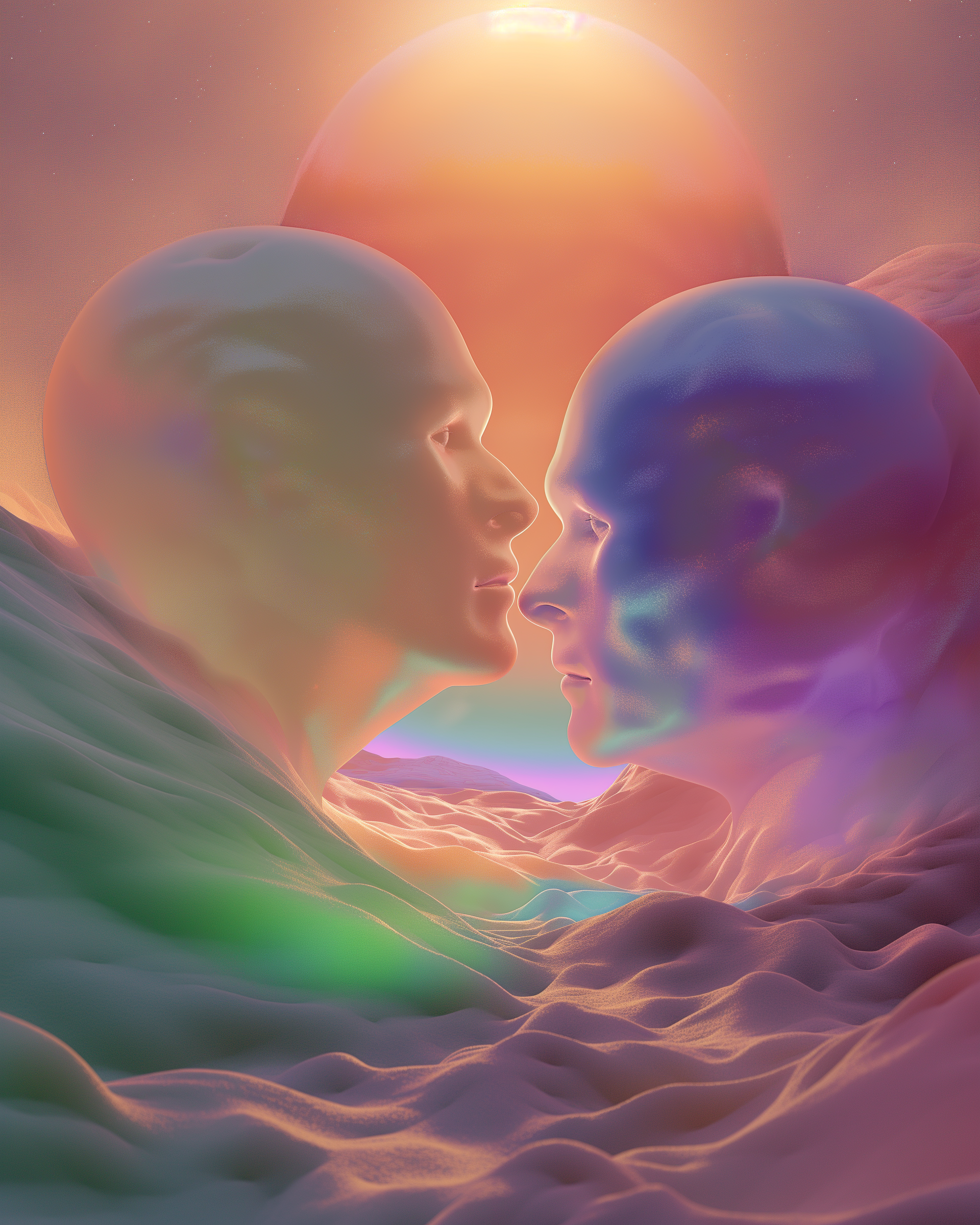 Artwork Name: Celestial Embrace
Description: In Celestial Embrace, two ethereal figures emerge from a dreamlike landscape, their forms gently blending into one another as they share a quiet moment. The warm, glowing light that surrounds them evokes a