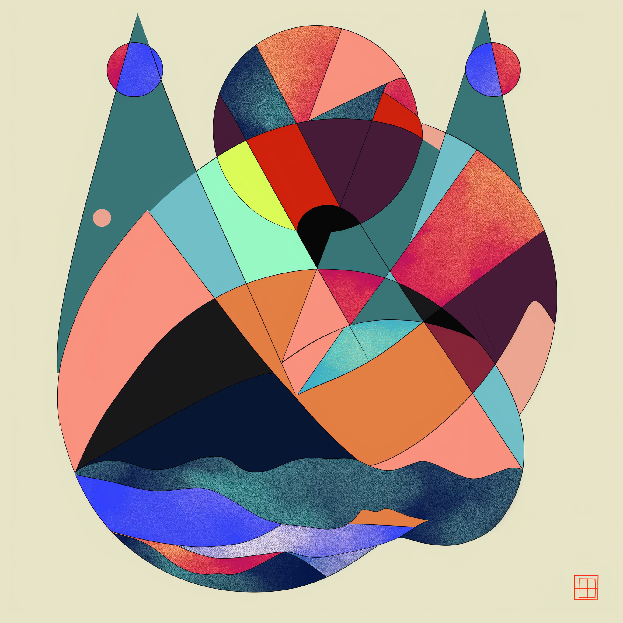 Celestial Harmony: With a distinct cosmic feel, this piece brings together circles and triangles that evoke celestial bodies in a distant galaxy. The use of deep, rich colors against muted tones mimics the contrast between order and chaos, as seen in