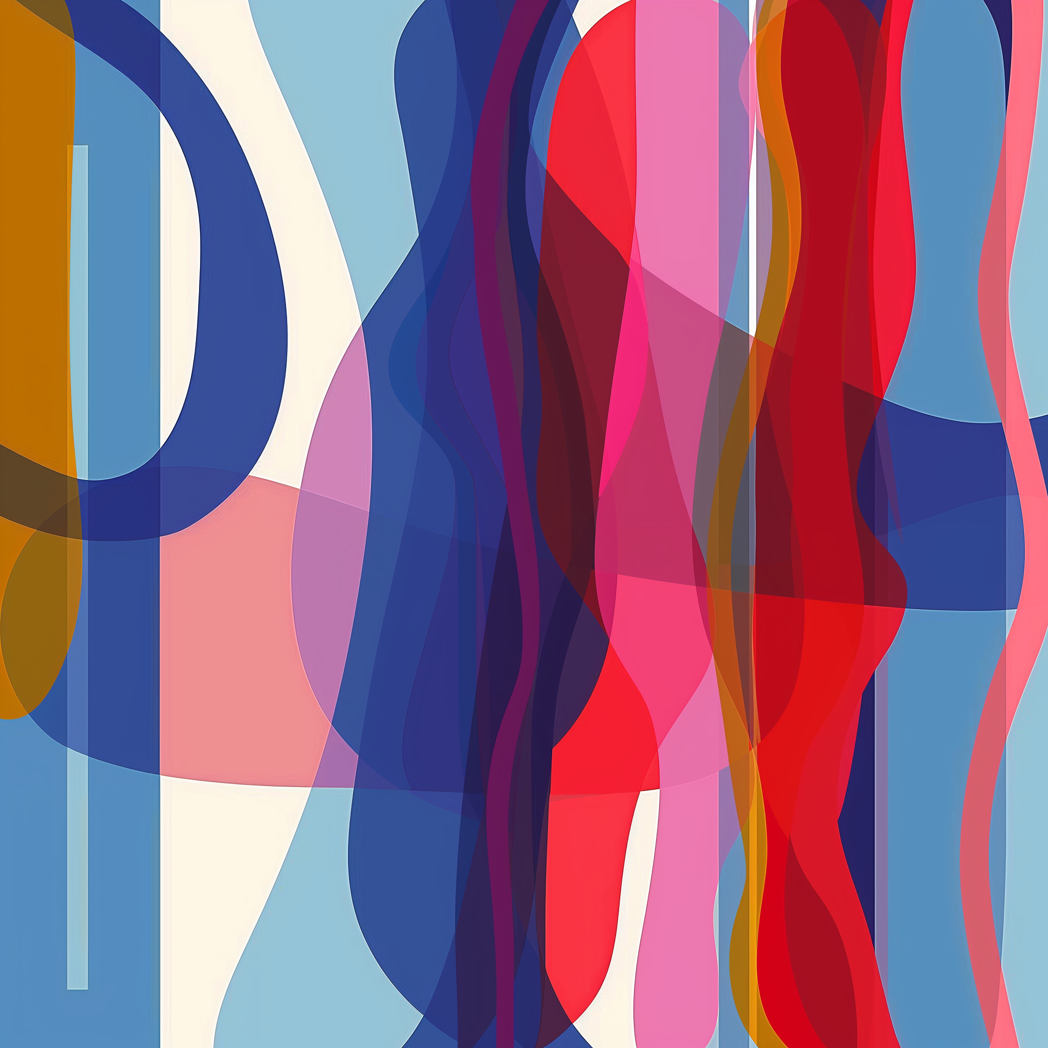 Oscillating Waves:
With its layered colours and oscillating lines, this piece feels like a visual representation of sound waves bouncing off one another. The overlapping shapes and shifting hues create an immersive experience of colour and form inter
