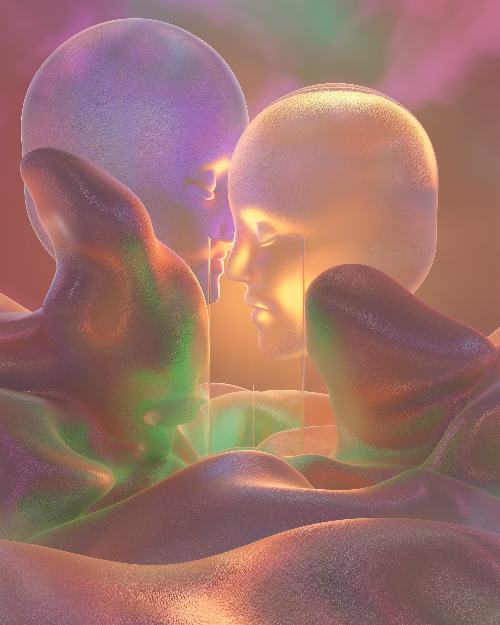 Artwork Name: Soul Entwined
Description: Soul Entwined reflects a deep, spiritual connection between two figures, their forms gently interwoven in the soft glow of light. The abstract, flowing shapes around them symbolize the shared energy that unite