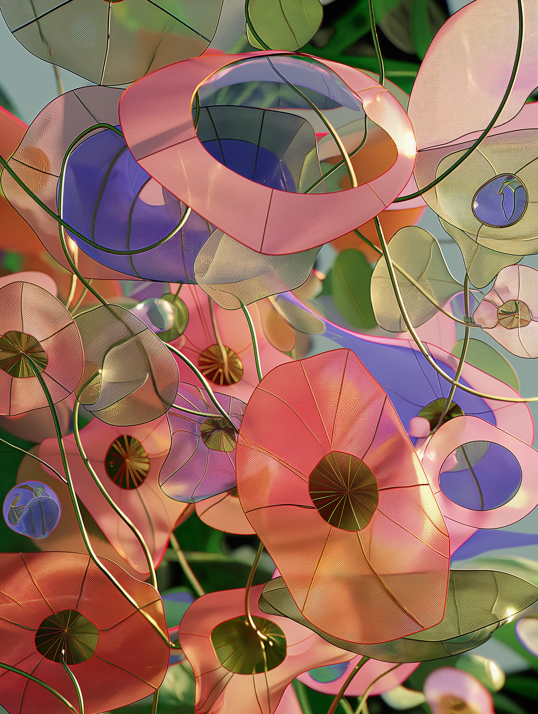 In this lively portrayal of growth, delicate floral forms intertwine with abstract tendrils, emphasizing the interconnectedness of all living things. The pastel hues and soft lighting create a harmonious garden-like atmosphere that vibrates with life