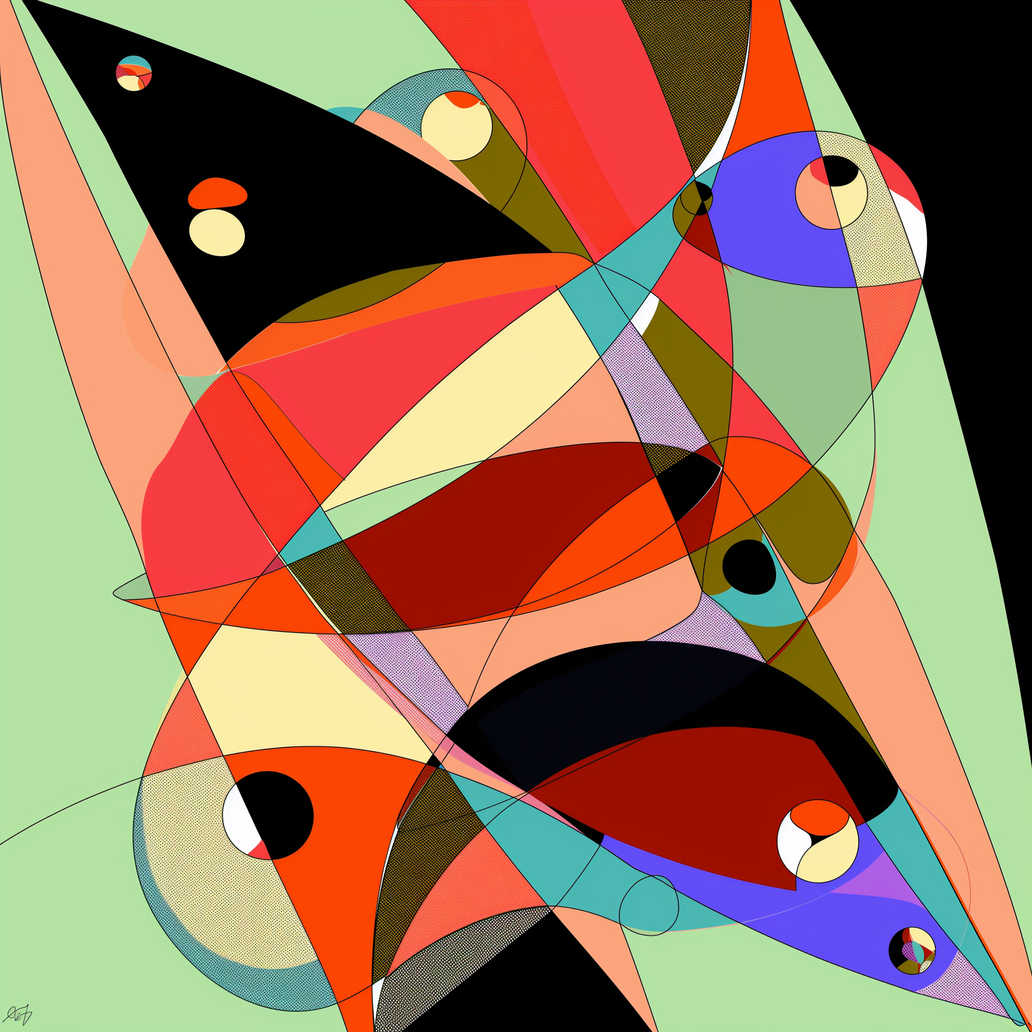 Fragmented Pathways: This piece intertwines sharp lines and dynamic arcs, reflecting the endless directions of life’s journey. The vibrant palette pulls the viewer into the collision of forms, while each line hints at roads yet taken, opportunities m