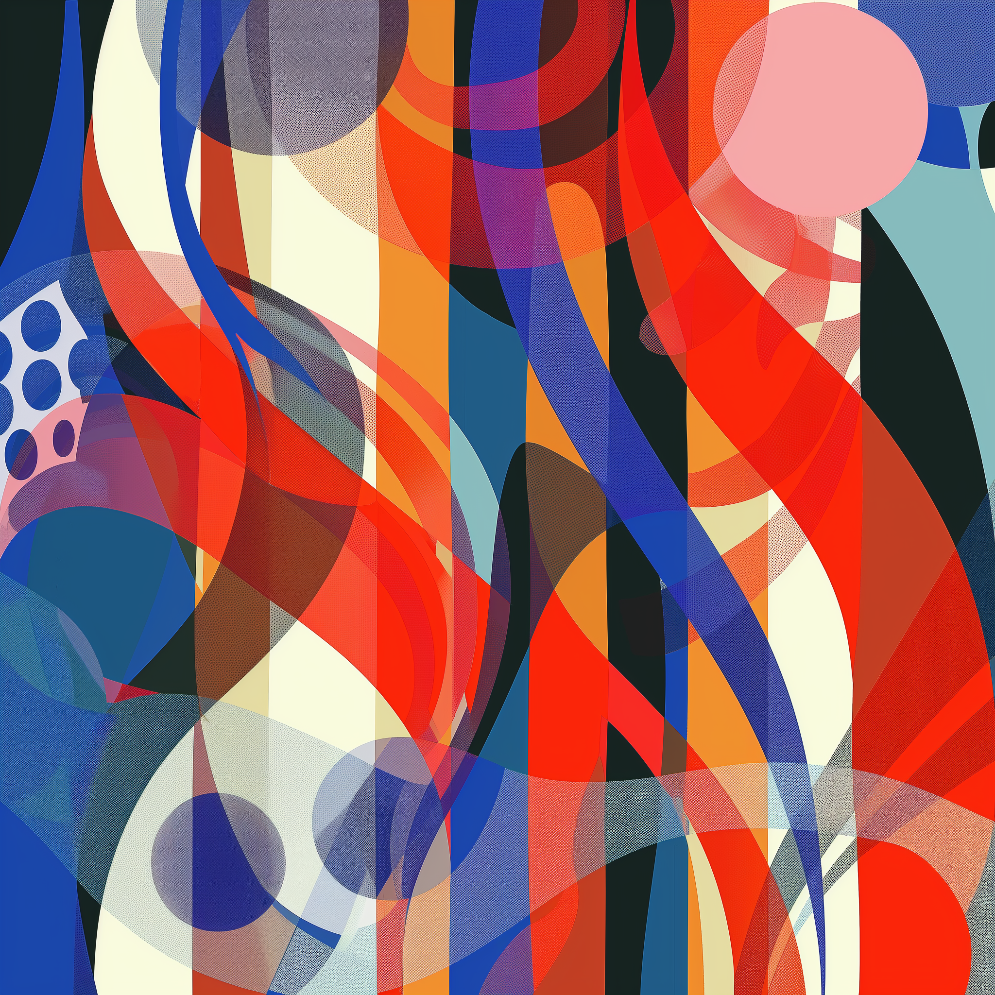 Flow of Vibrations:
The dynamic composition of blues, reds, and oranges creates an intense feeling of movement. The layered shapes and flowing lines suggest the continuous flow of vibrations, representing the interplay between different energies that