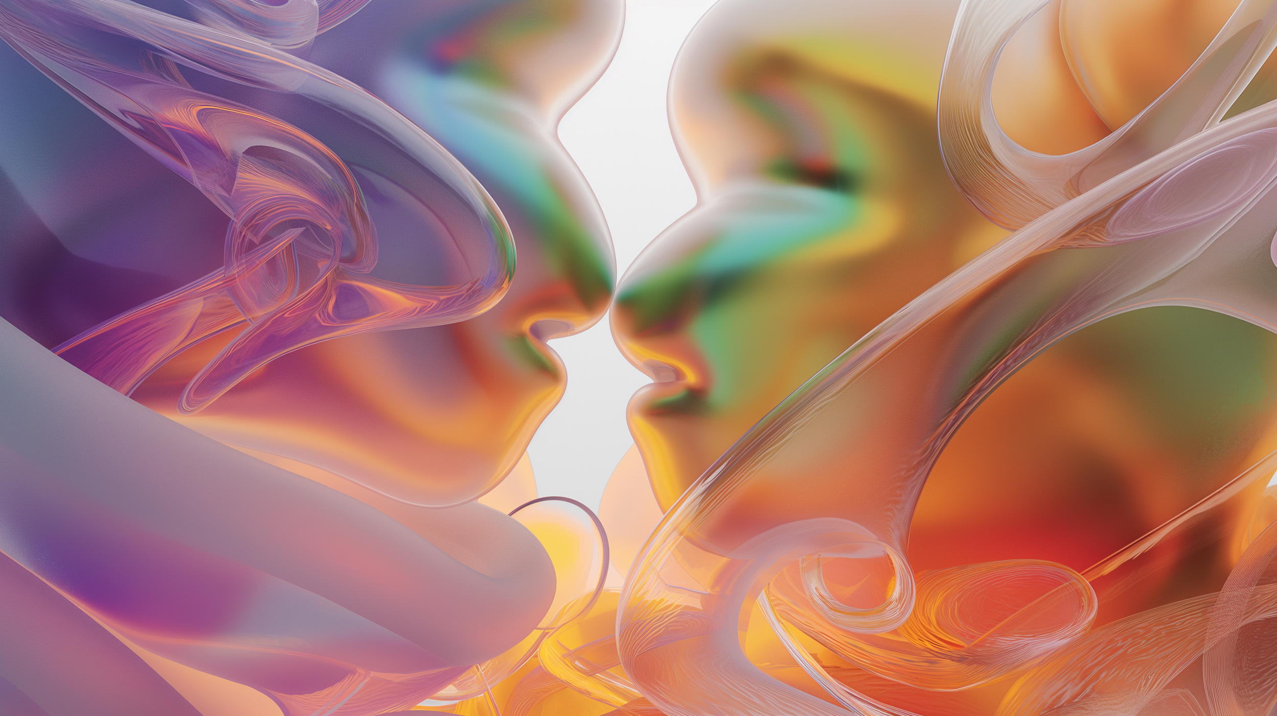 Artwork Name: Eternal Gaze
Description: In Eternal Gaze, two figures lean toward each other, their forms intertwined by flowing, translucent threads of energy. The soft gradients of orange, purple, and green swirl together, symbolizing the timeless c