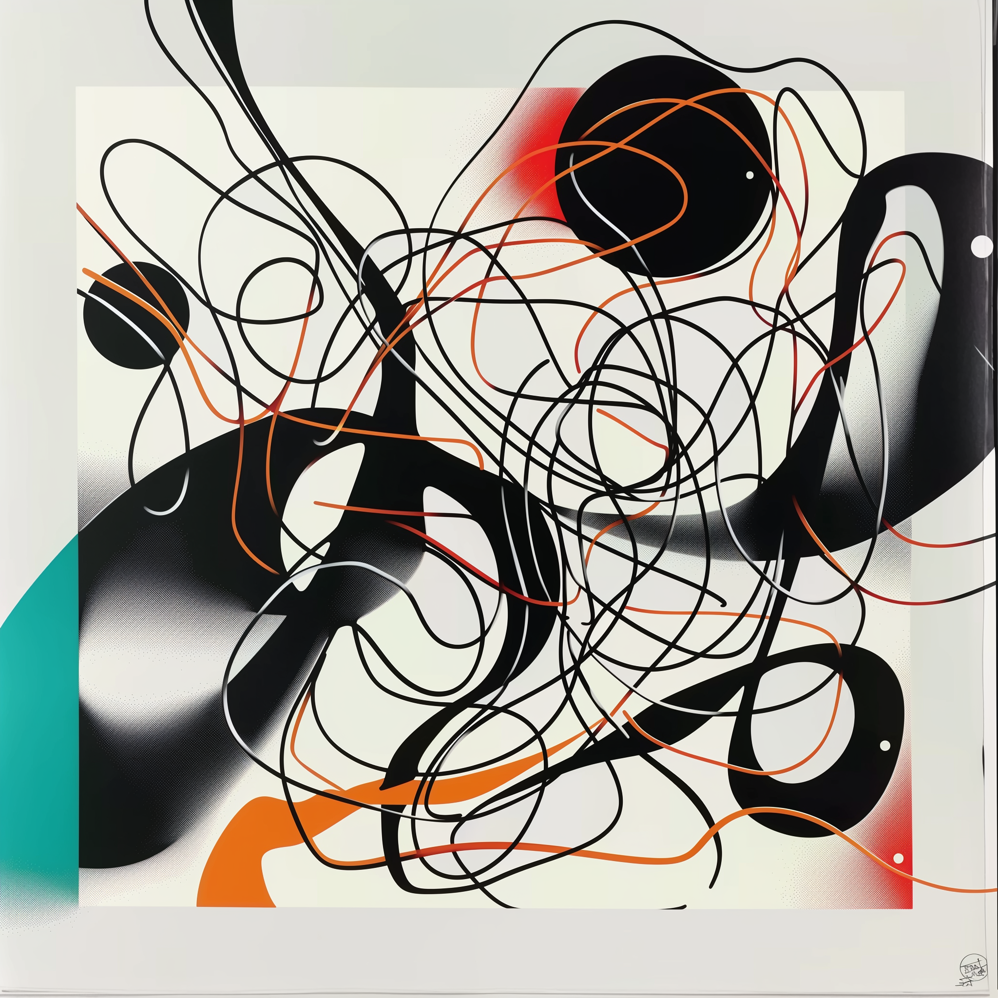 Unfolding Tempo: This artwork emphasizes fluidity, where each line seems to unravel from an invisible core, pushing outward. The color accents in the background provide a softer contrast, grounding the chaotic energy of the lines, while the rhythm of
