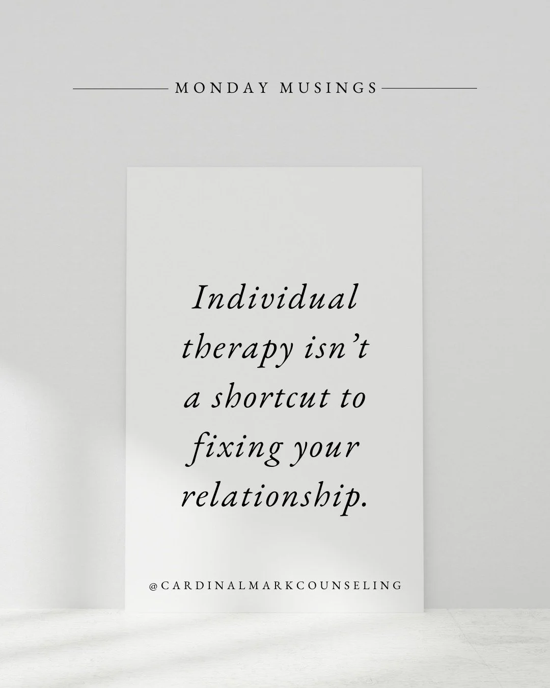 The reality is: if you want to work on your relationship, you gotta do couples work.

Individual therapy is powerful &mdash; but it&rsquo;s often not enough to create meaningful change in the relationship itself. It can absolutely help you identify a